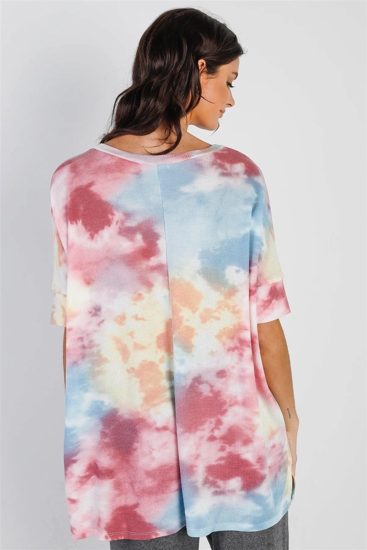 Multi Color Tie-Dye Waffle Knit Short Sleeve Top /1-1-1 - Tasha Apparel Wholesale