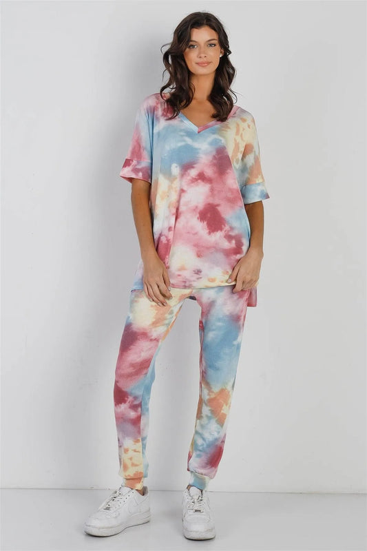 Multi Color Tie-Dye Waffle Knit Short Sleeve Top & Pants Set /1-1-1 - Tasha Apparel Wholesale