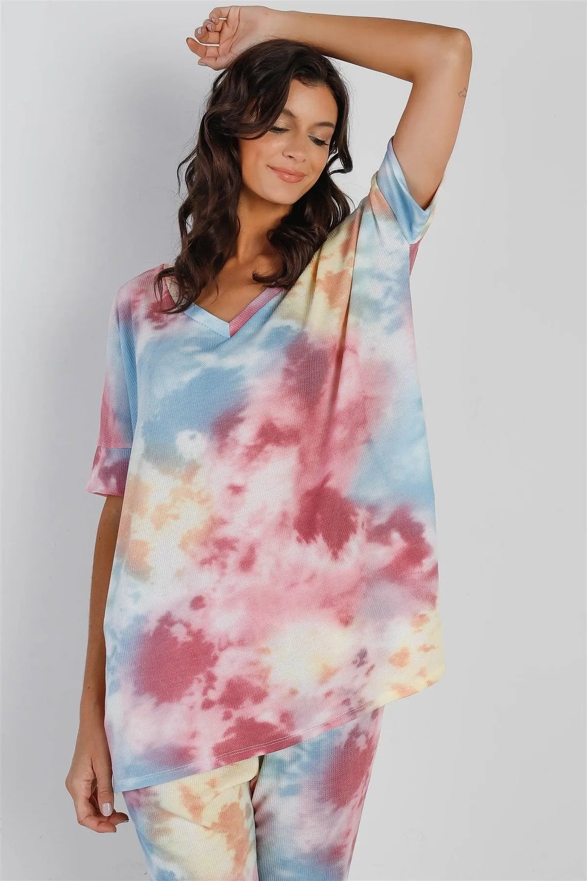 Multi Color Tie-Dye Waffle Knit Short Sleeve Top & Pants Set /1-1-1 - Tasha Apparel Wholesale