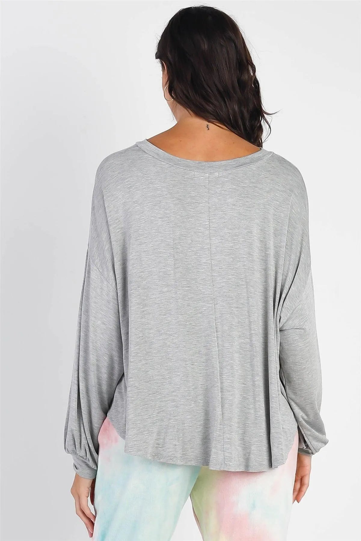 Heather Grey Long Balloon Sleeve Uneven Hem Top /1-1-1 - Tasha Apparel Wholesale