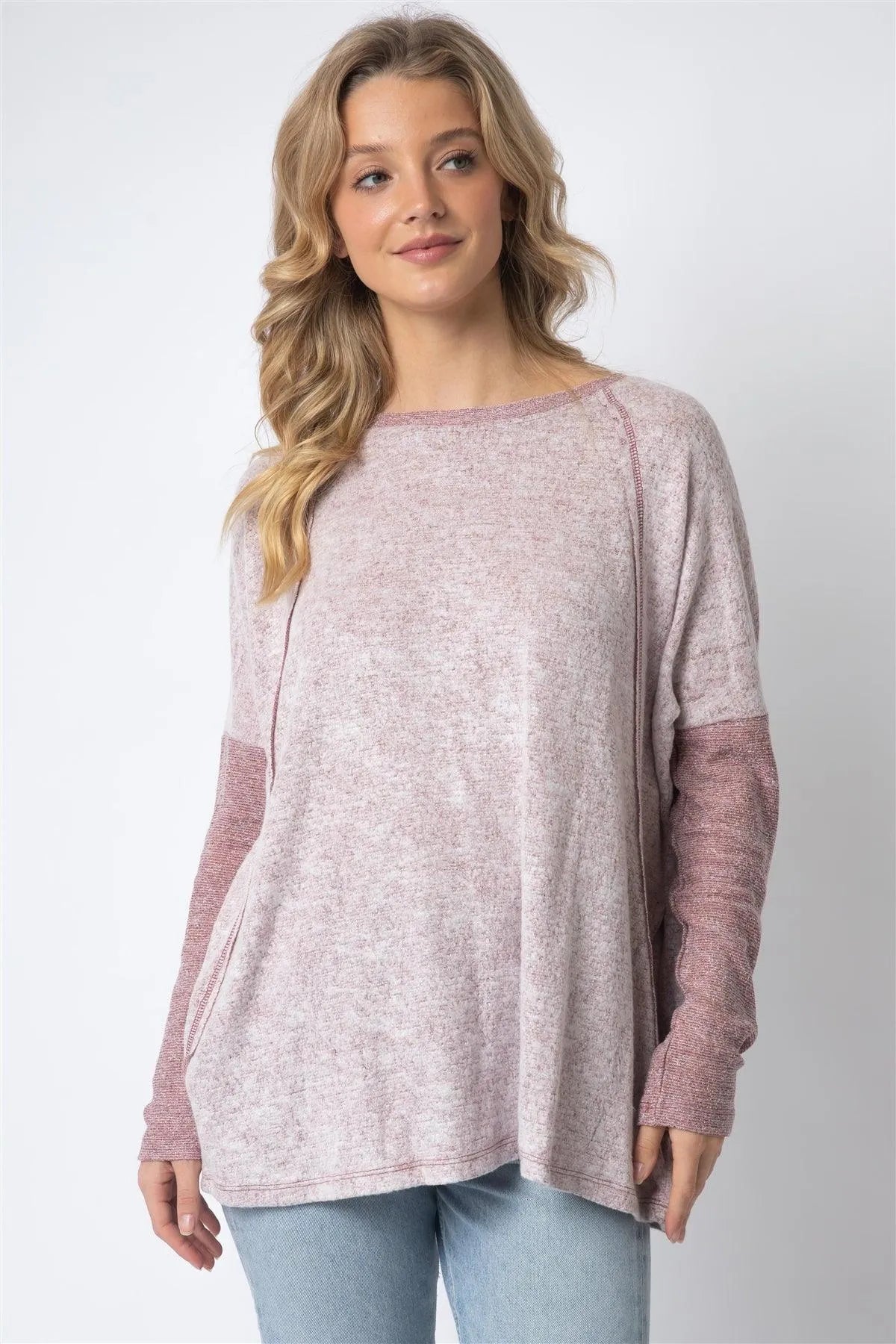 Burgundy Long Sleeve Round Neck Two Pocket Side Top - Tasha Apparel Wholesale