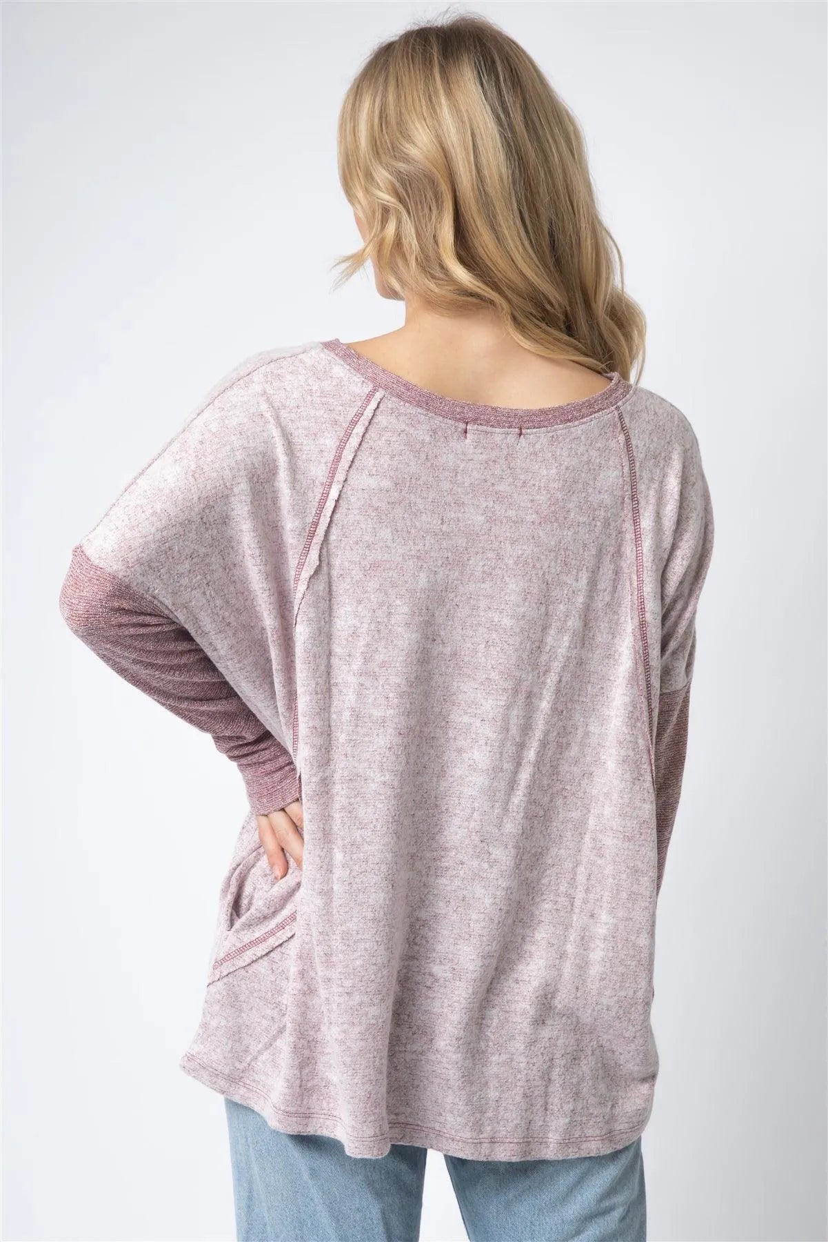 Burgundy Long Sleeve Round Neck Two Pocket Side Top - Tasha Apparel Wholesale