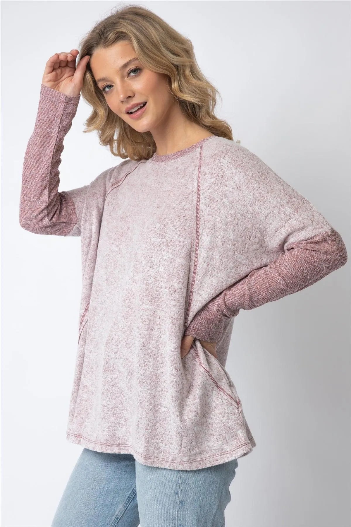 Burgundy Long Sleeve Round Neck Two Pocket Side Top - Tasha Apparel Wholesale