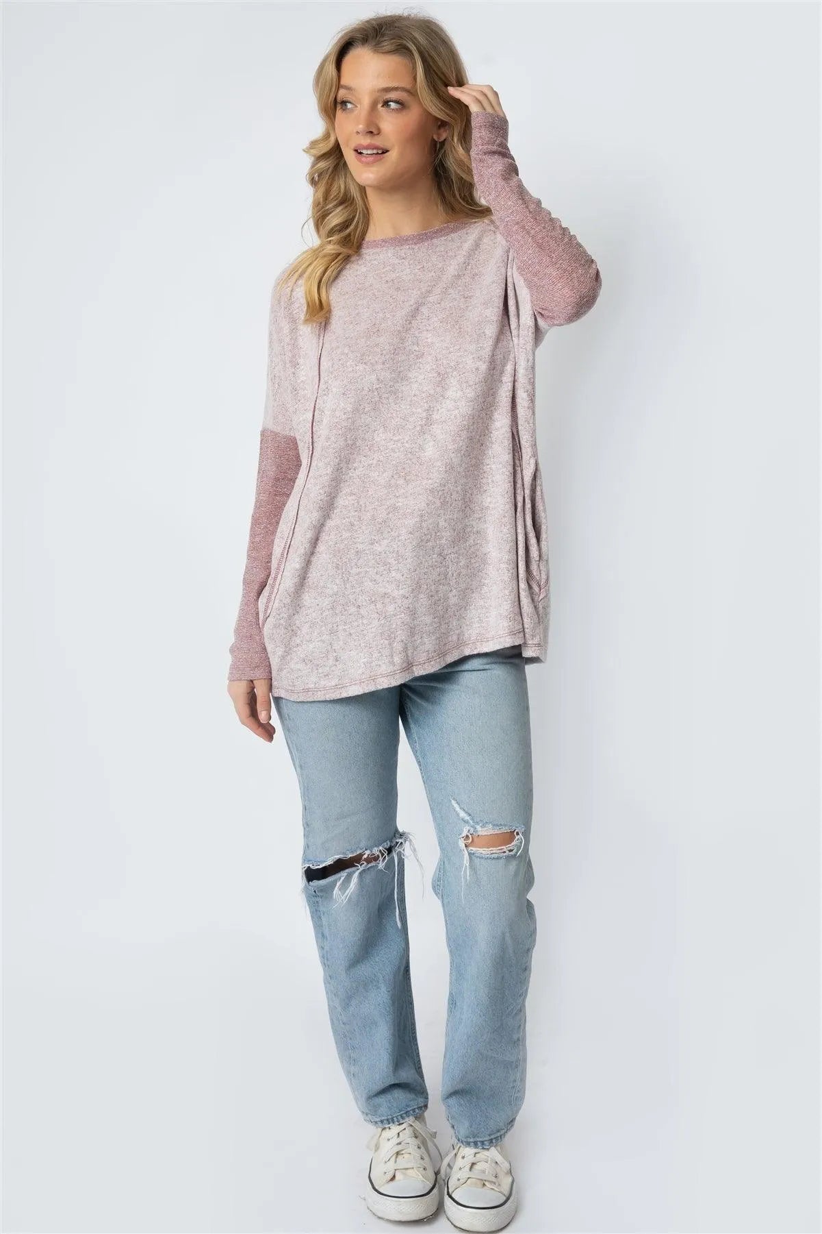 Burgundy Long Sleeve Round Neck Two Pocket Side Top - Tasha Apparel Wholesale