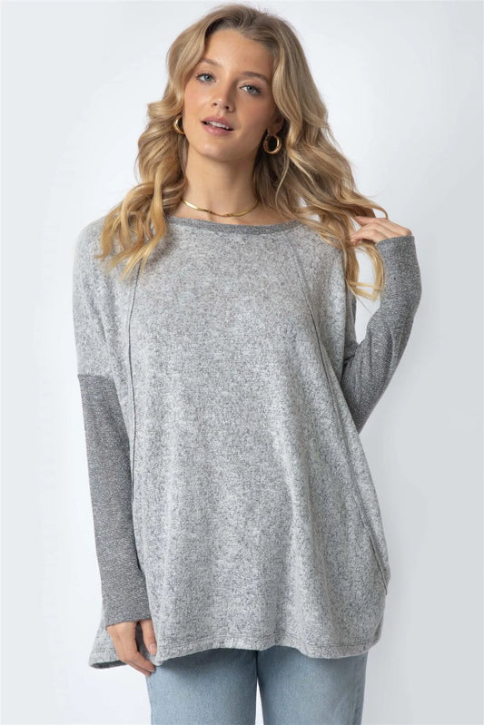 Heather Grey Long Sleeve Round Neck Two Pocket Side Top /1-1-1 - Tasha Apparel Wholesale