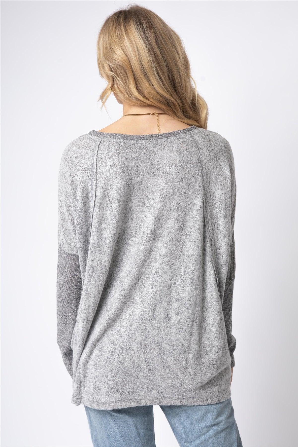Heather Grey  Long Sleeve Round Neck Two Pocket Side Top /1-1-1