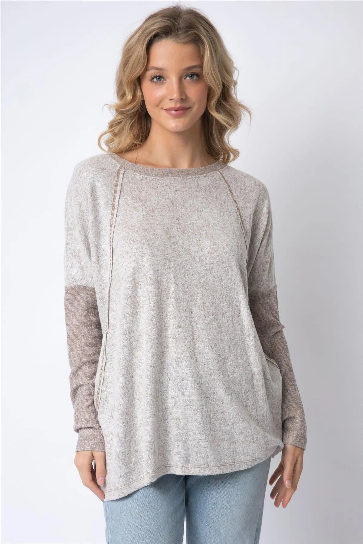 Taupe Long Sleeve Round Neck Two Pocket Side Top - Tasha Apparel Wholesale