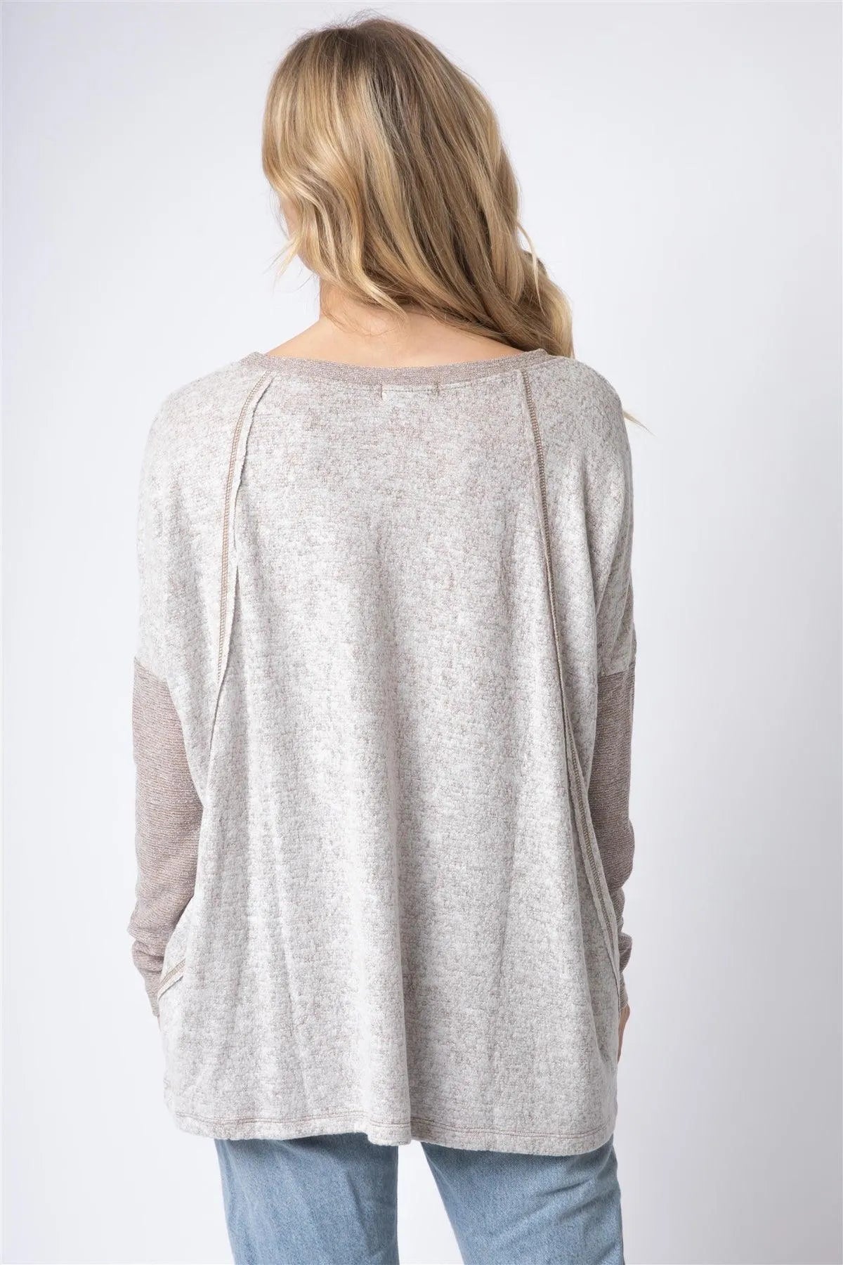Taupe Long Sleeve Round Neck Two Pocket Side Top - Tasha Apparel Wholesale