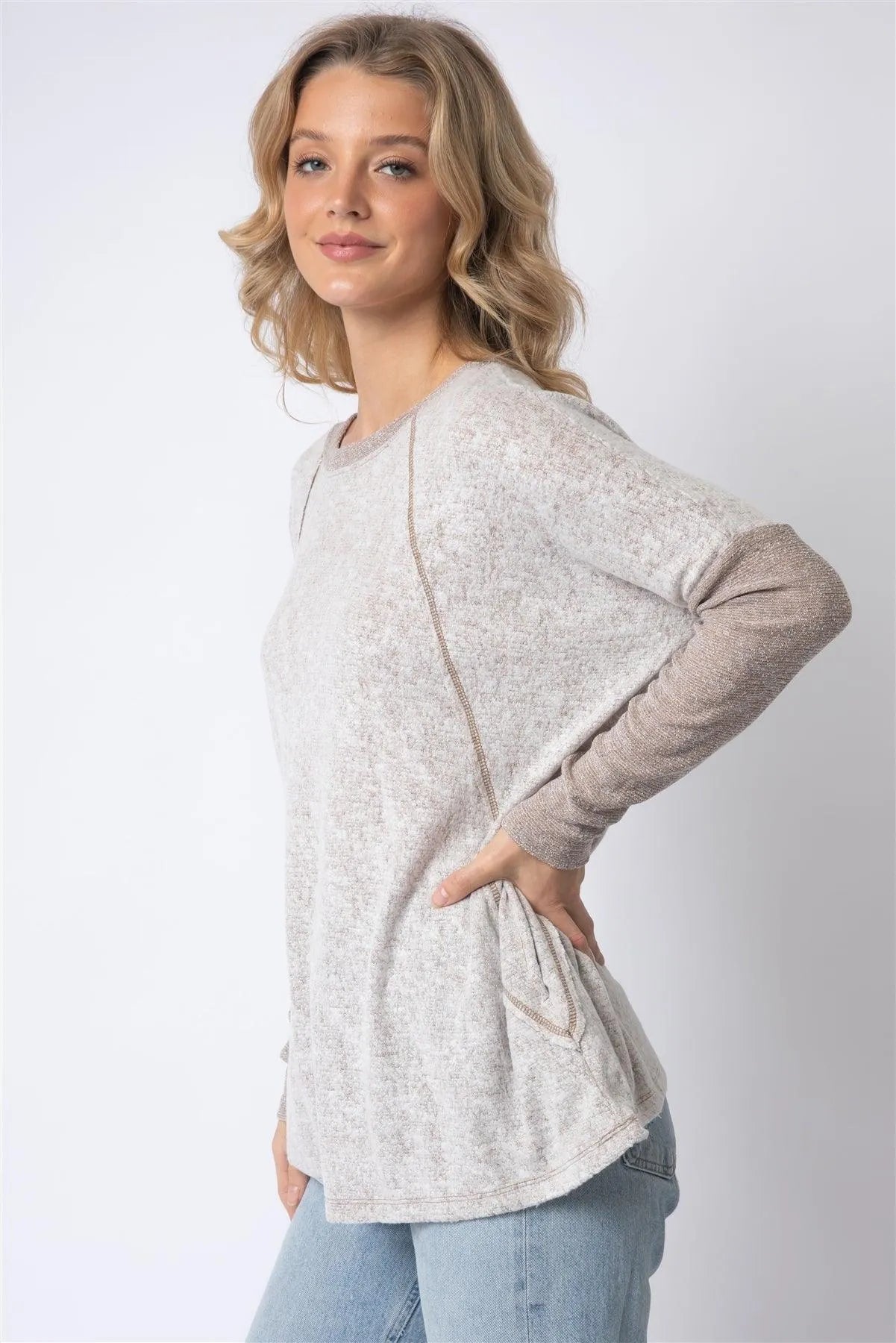 Taupe Long Sleeve Round Neck Two Pocket Side Top - Tasha Apparel Wholesale