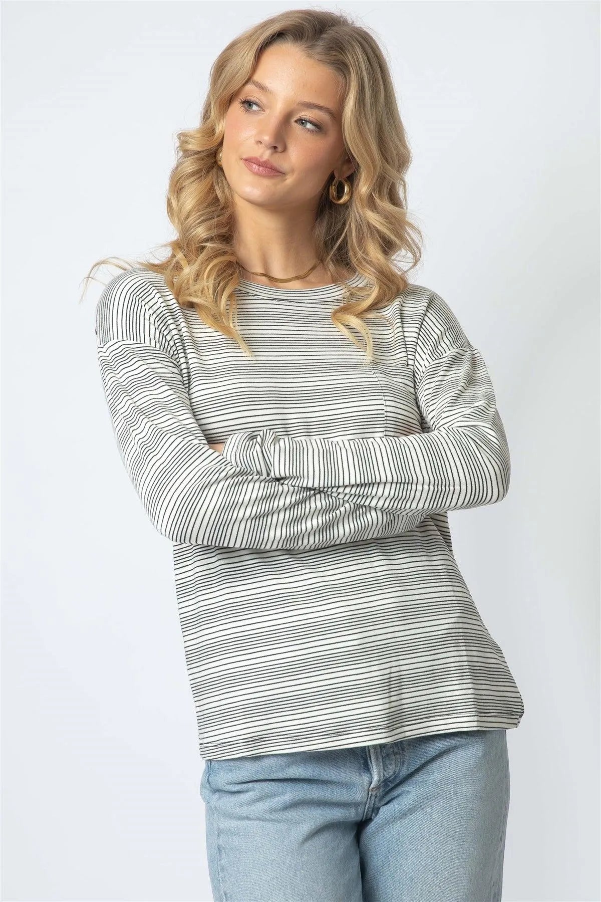 Black & Cream Stripe Long Sleeve Top /1-1-1 - Tasha Apparel Wholesale