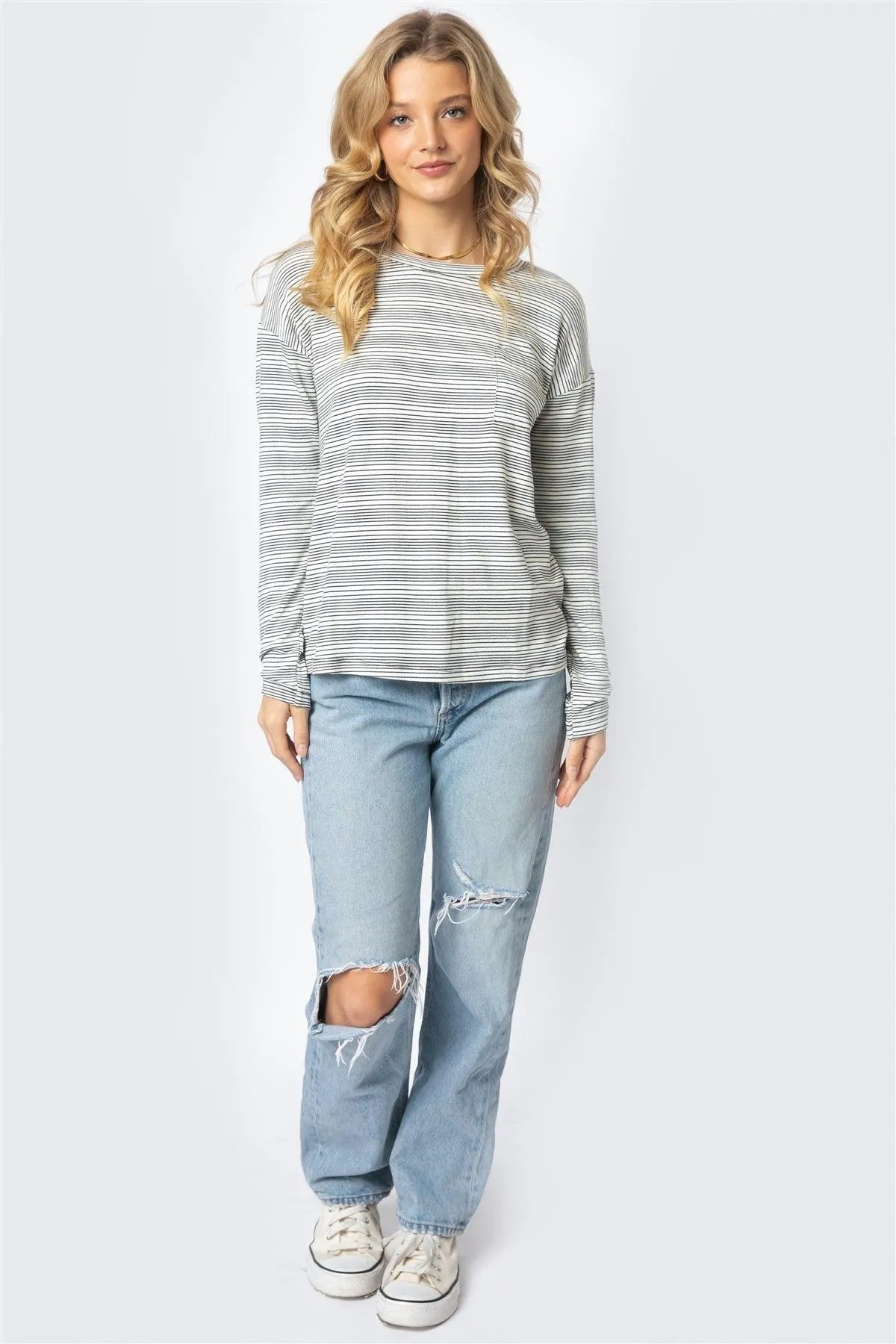 Black & Cream Stripe Long Sleeve Top /1-1-1 - Tasha Apparel Wholesale