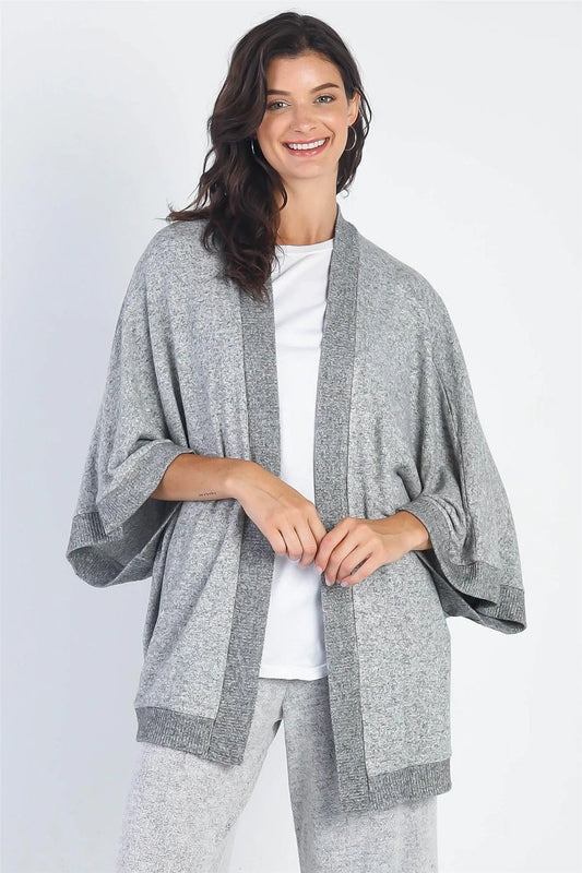 Heather Grey Open Front Kimono Style Cardigan /ONE SIZE - Tasha Apparel Wholesale