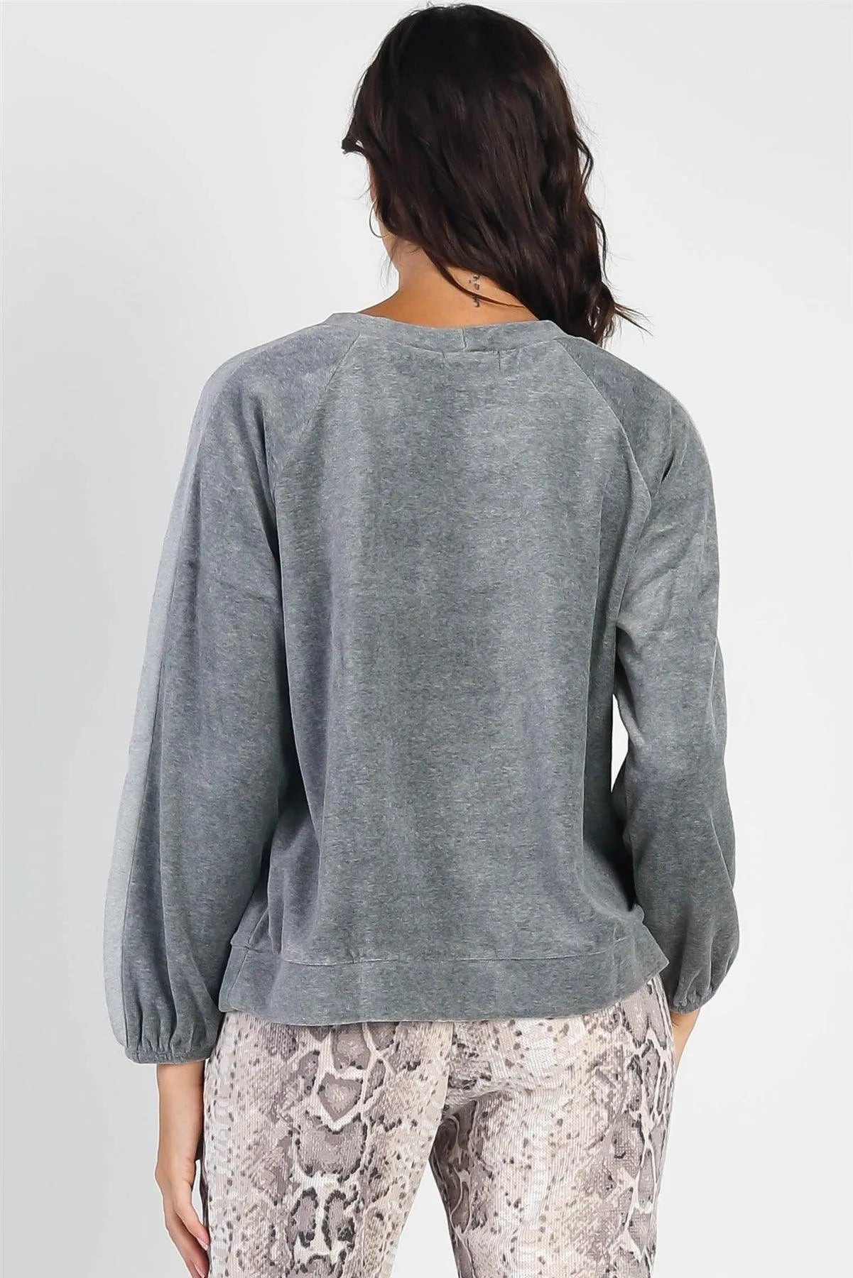 Charcoal Cotton Blend Velour Balloon Long Sleeve Top - Tasha Apparel Wholesale