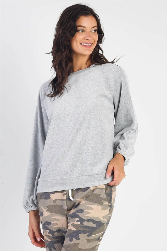 Heather Cotton Blend Velour Balloon Long Sleeve Top - Tasha Apparel Wholesale