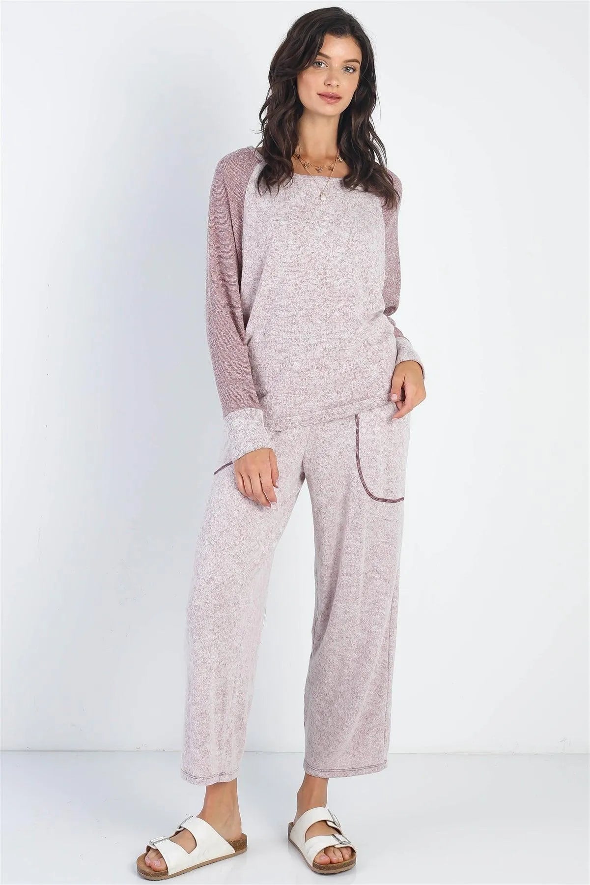 Burgundy Round Neck Long Sleeve Top & Relax Fit Pants Set /1-1-1 - Tasha Apparel Wholesale