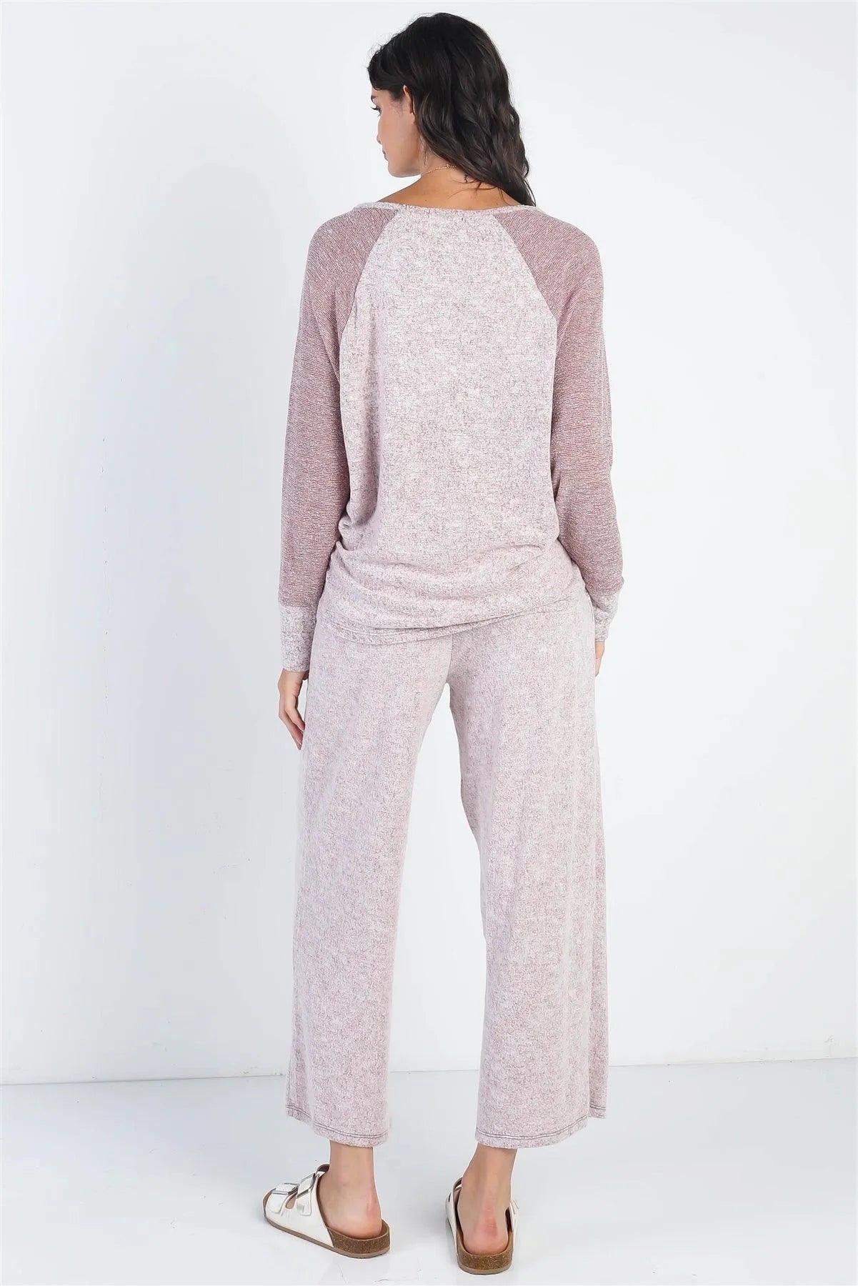 Burgundy Round Neck Long Sleeve Top & Relax Fit Pants Set /1-1-1 - Tasha Apparel Wholesale
