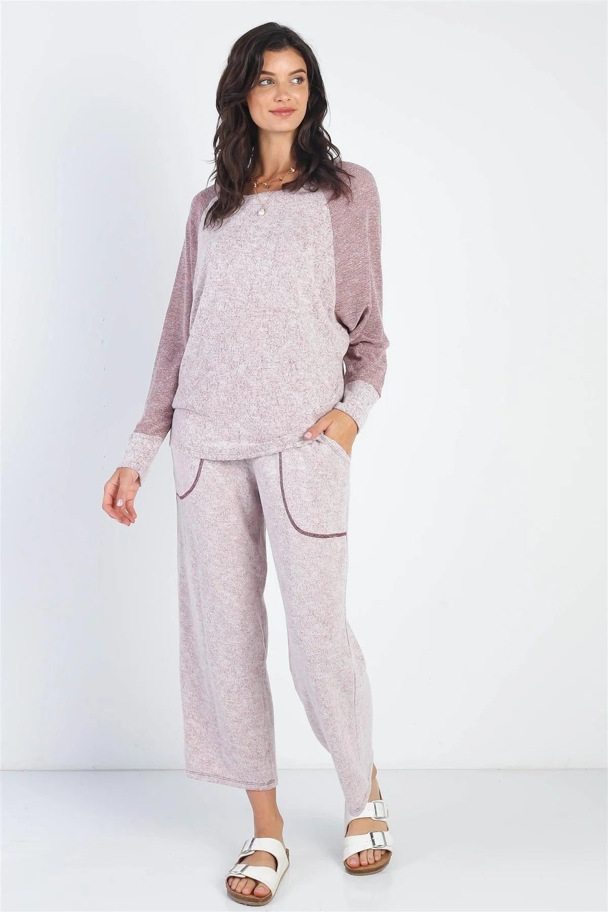 Burgundy Round Neck Long Sleeve Top & Relax Fit Pants Set /1-1-1 - Tasha Apparel Wholesale