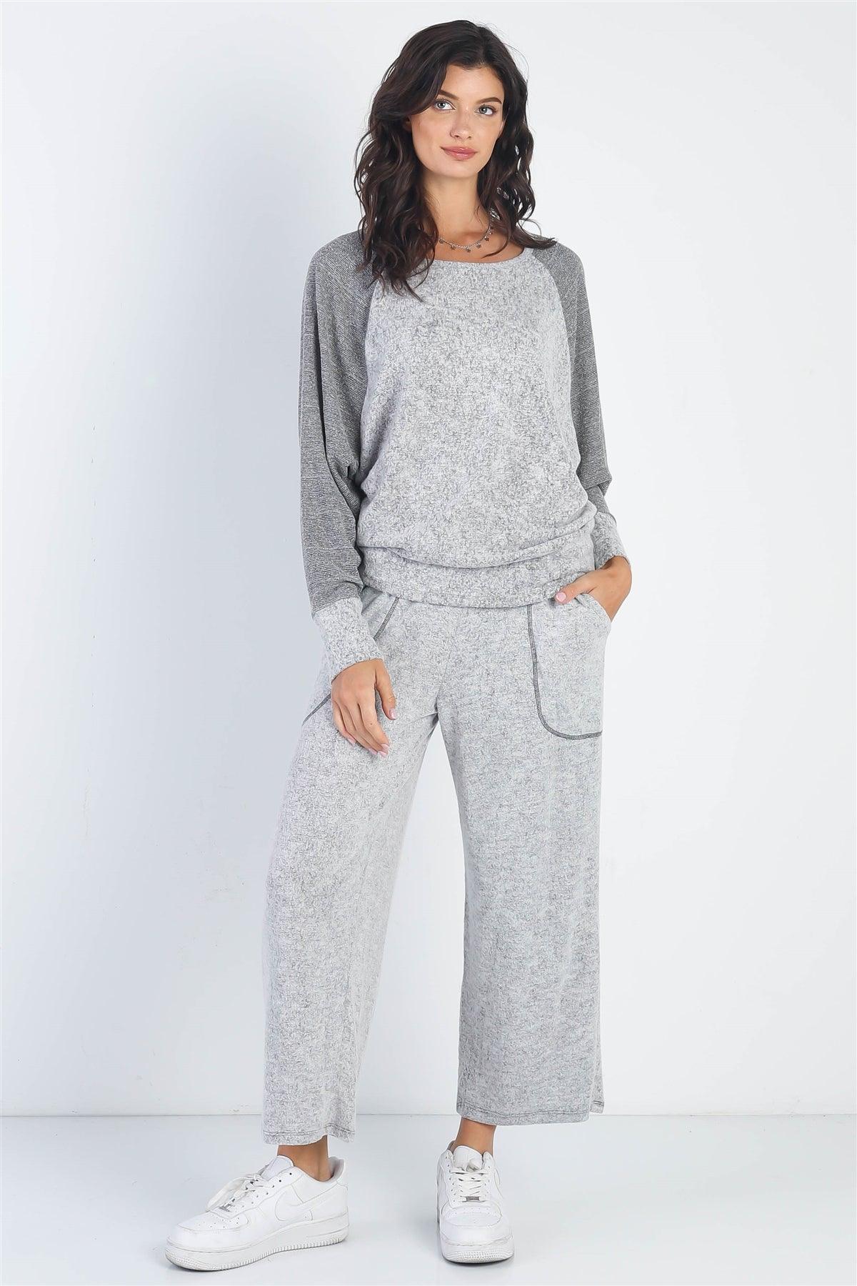 Heather Grey Round Neck Long Sleeve Top & Relax Fit Pants Set /1-1-1