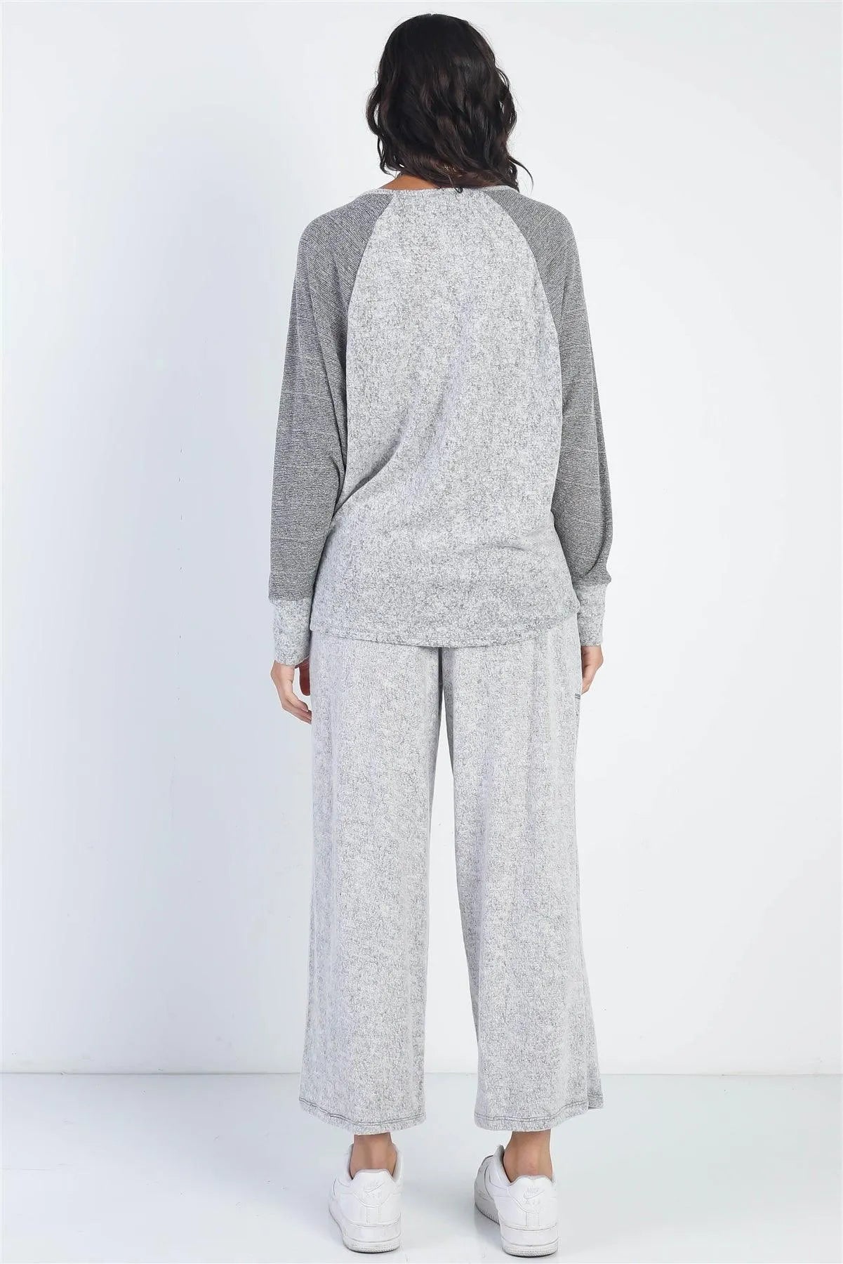 Heather Grey Round Neck Long Sleeve Top & Relax Fit Pants Set /1-1-1 - Tasha Apparel Wholesale