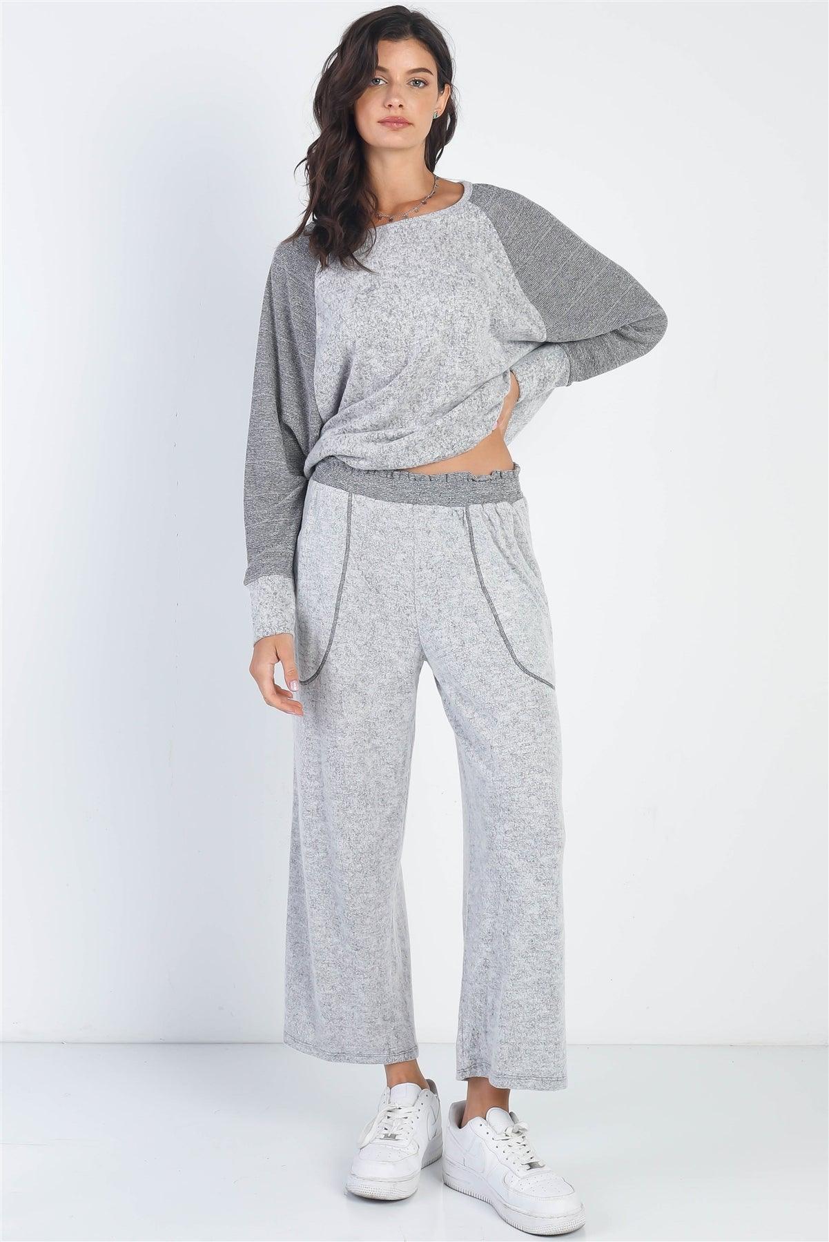 Heather Grey Round Neck Long Sleeve Top & Relax Fit Pants Set /1-1-1