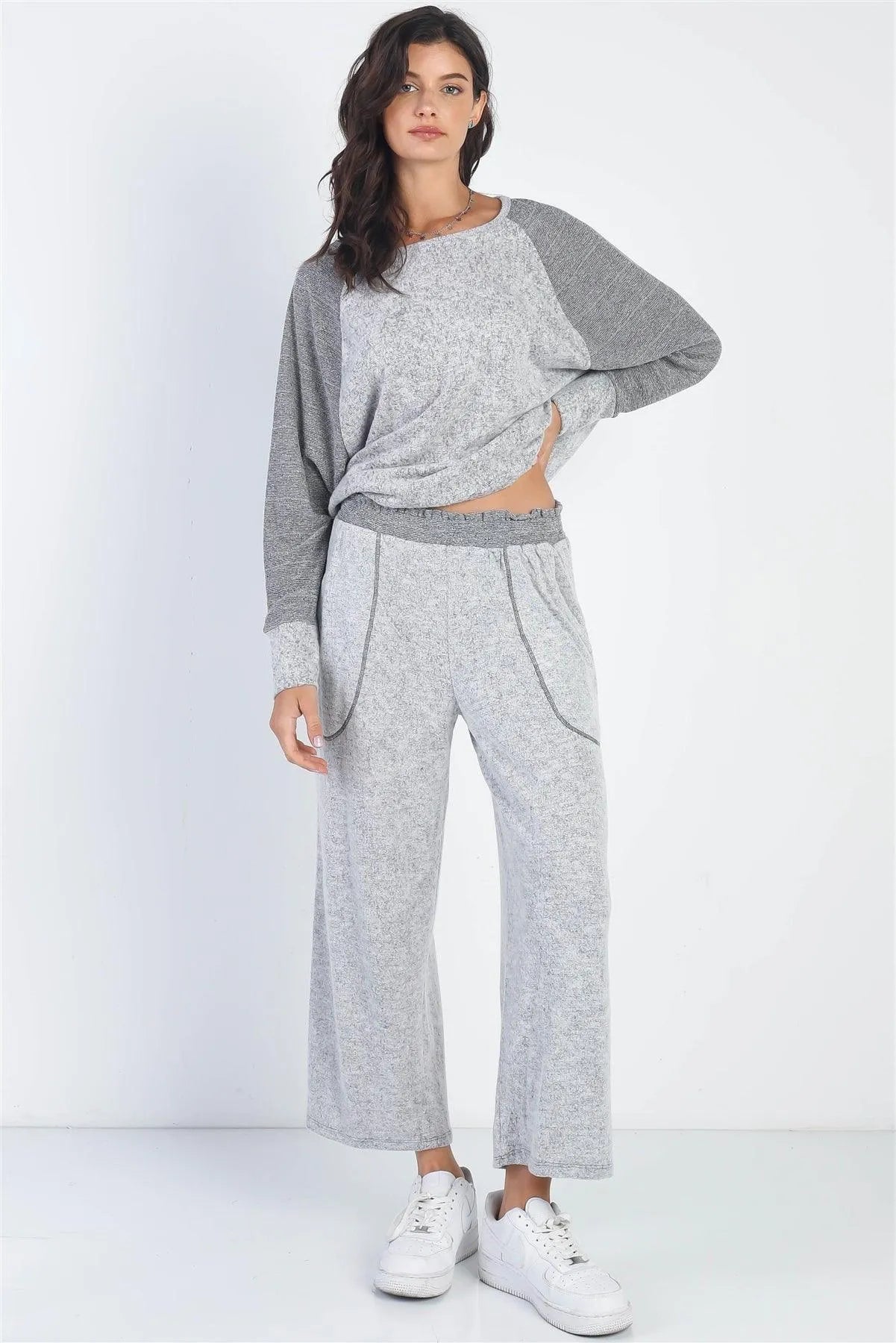 Heather Grey Round Neck Long Sleeve Top & Relax Fit Pants Set /1-1-1 - Tasha Apparel Wholesale