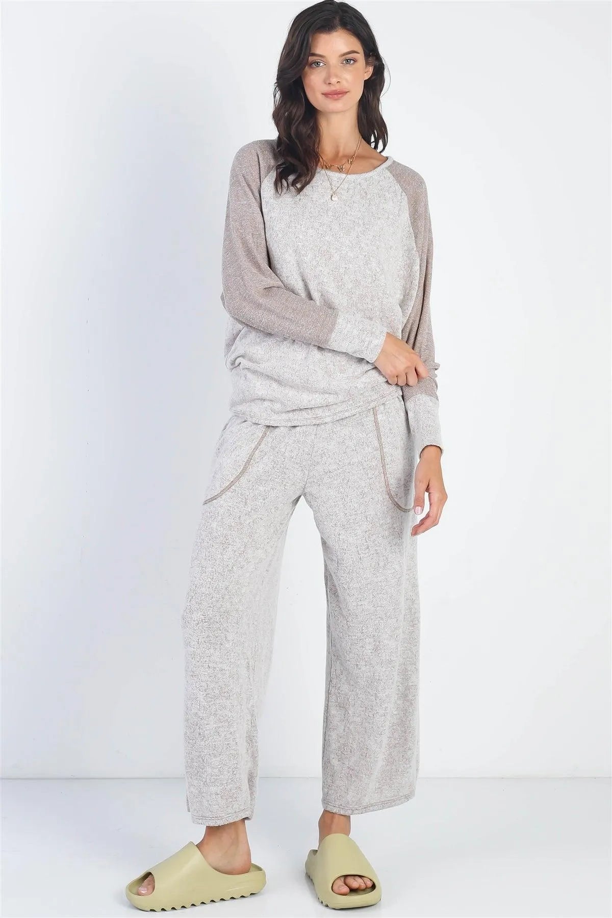 Taupe Round Neck Long Sleeve Top & Relax Fit Pants Set /1-1-1 - Tasha Apparel Wholesale
