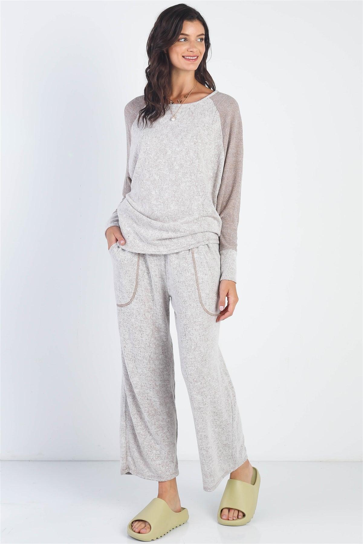 Taupe Round Neck Long Sleeve Top & Relax Fit Pants Set /1-1-1