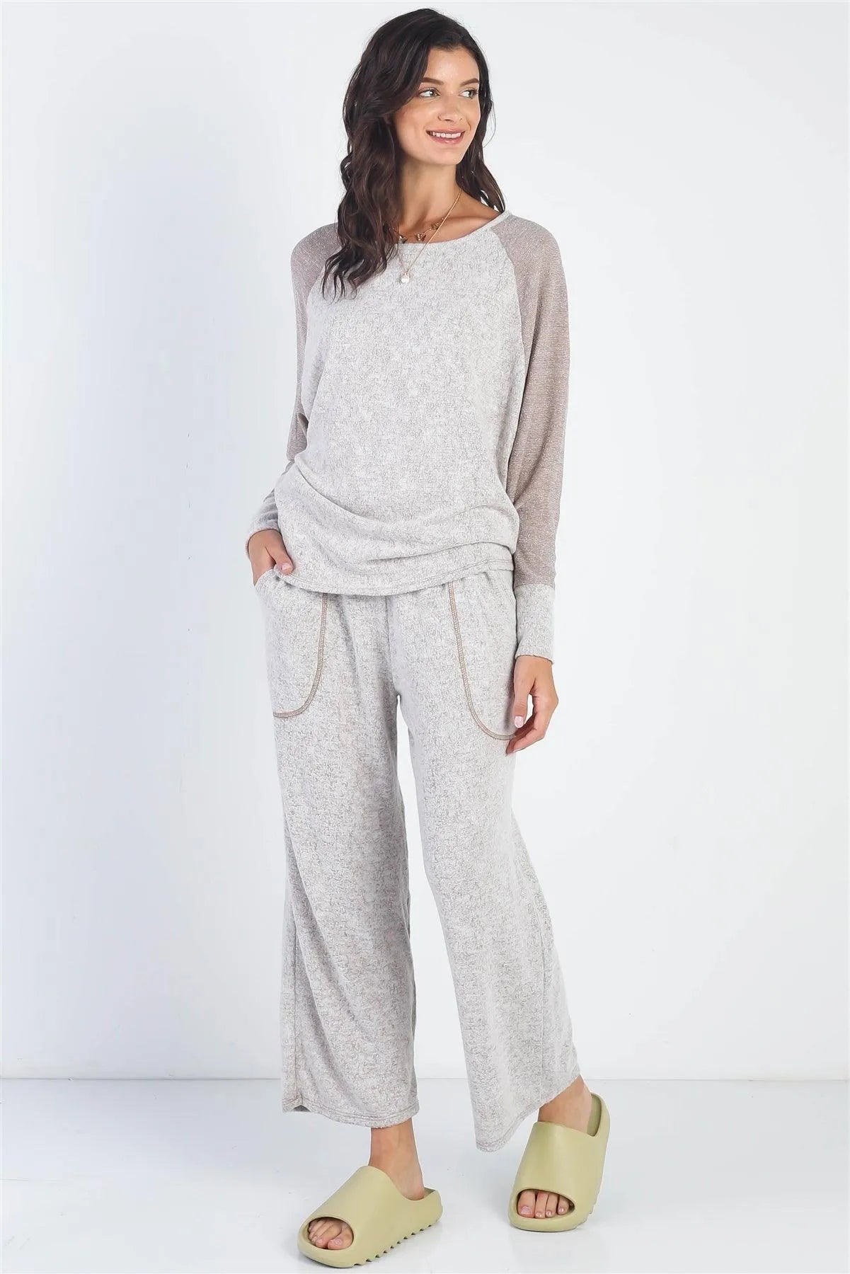 Taupe Round Neck Long Sleeve Top & Relax Fit Pants Set /1-1-1 - Tasha Apparel Wholesale