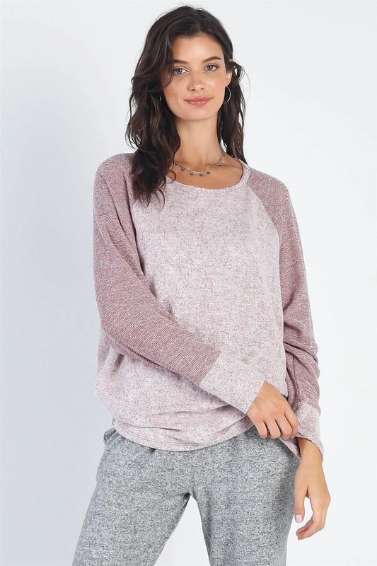 Burgundy Round Neck Long Cuff Sleeve Top - Tasha Apparel Wholesale