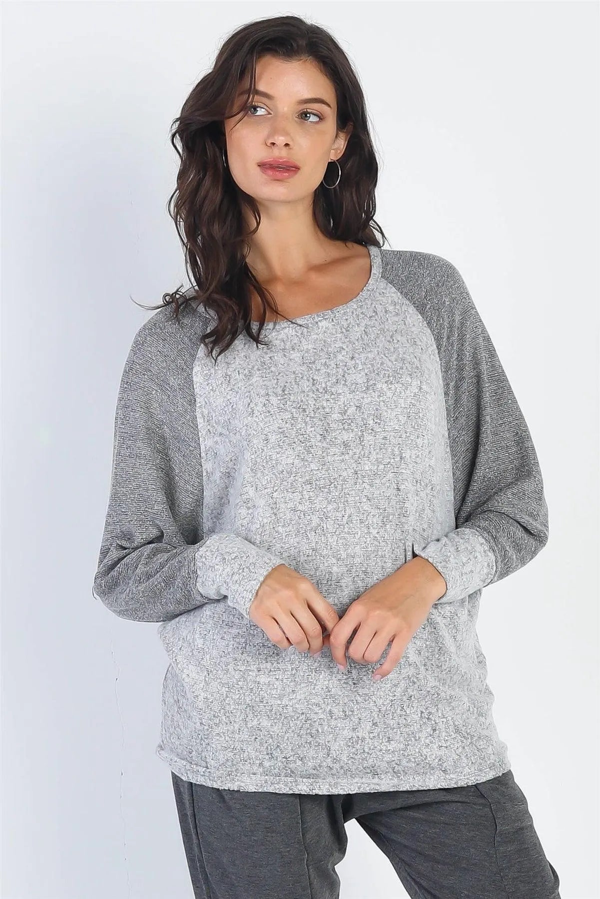 Heather Grey Round Neck Long Cuff Sleeve Top - Tasha Apparel Wholesale