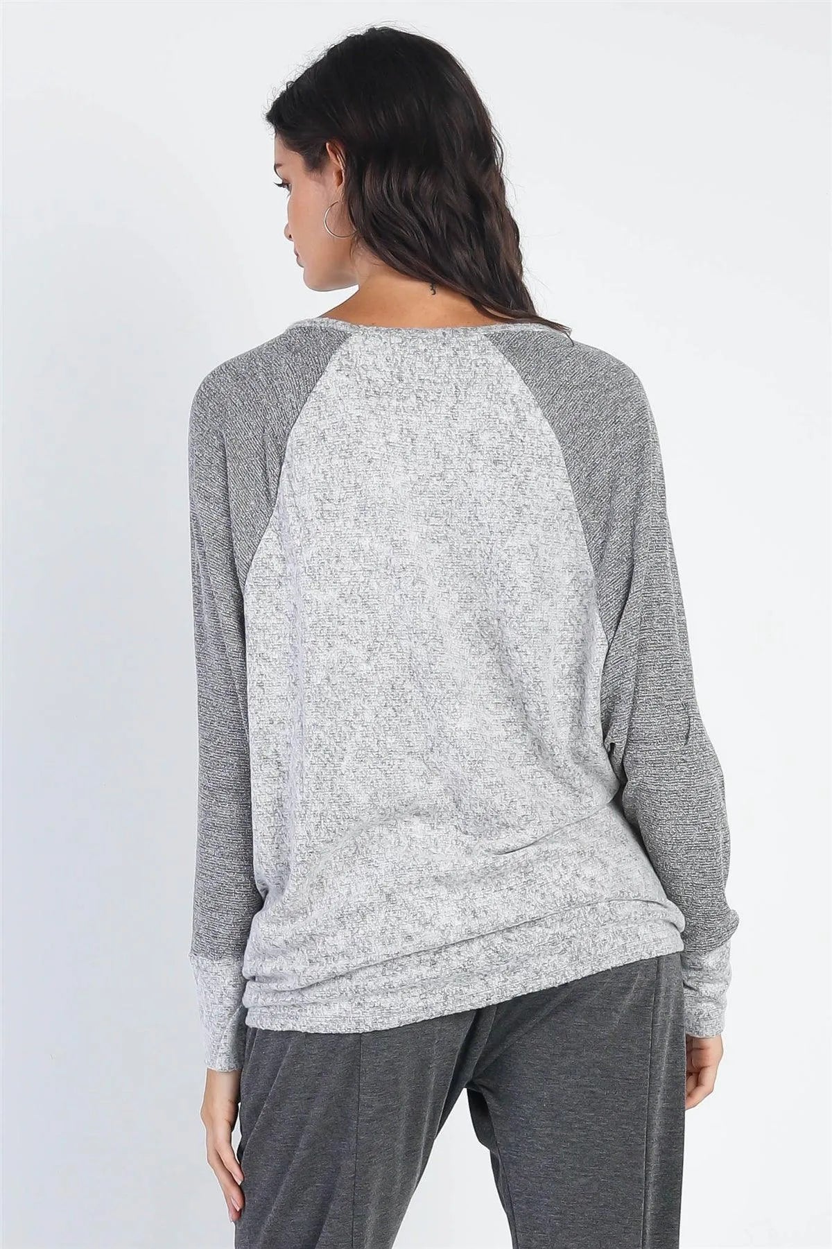 Heather Grey Round Neck Long Cuff Sleeve Top - Tasha Apparel Wholesale