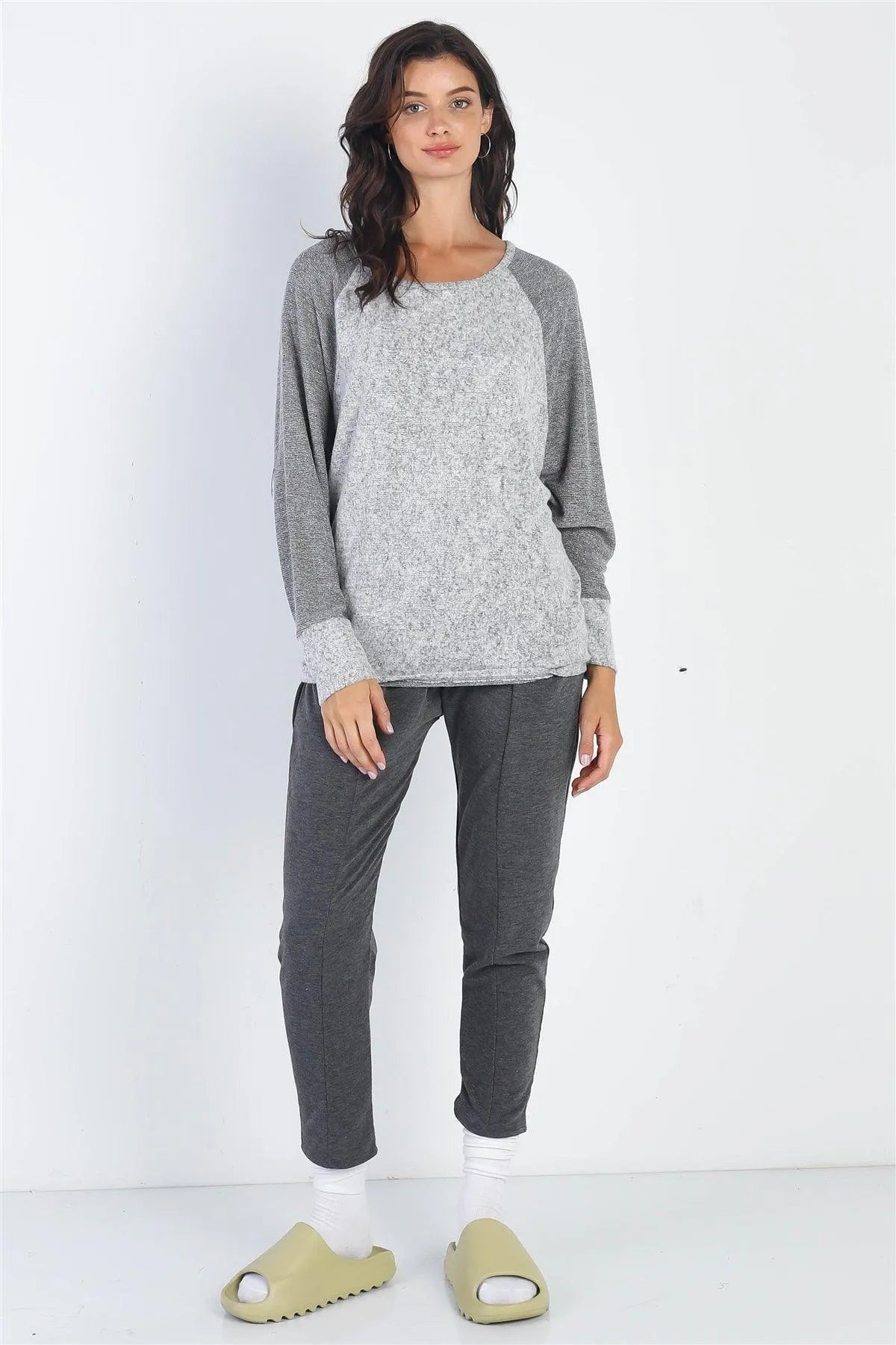 Heather Grey Round Neck Long Cuff Sleeve Top - Tasha Apparel Wholesale