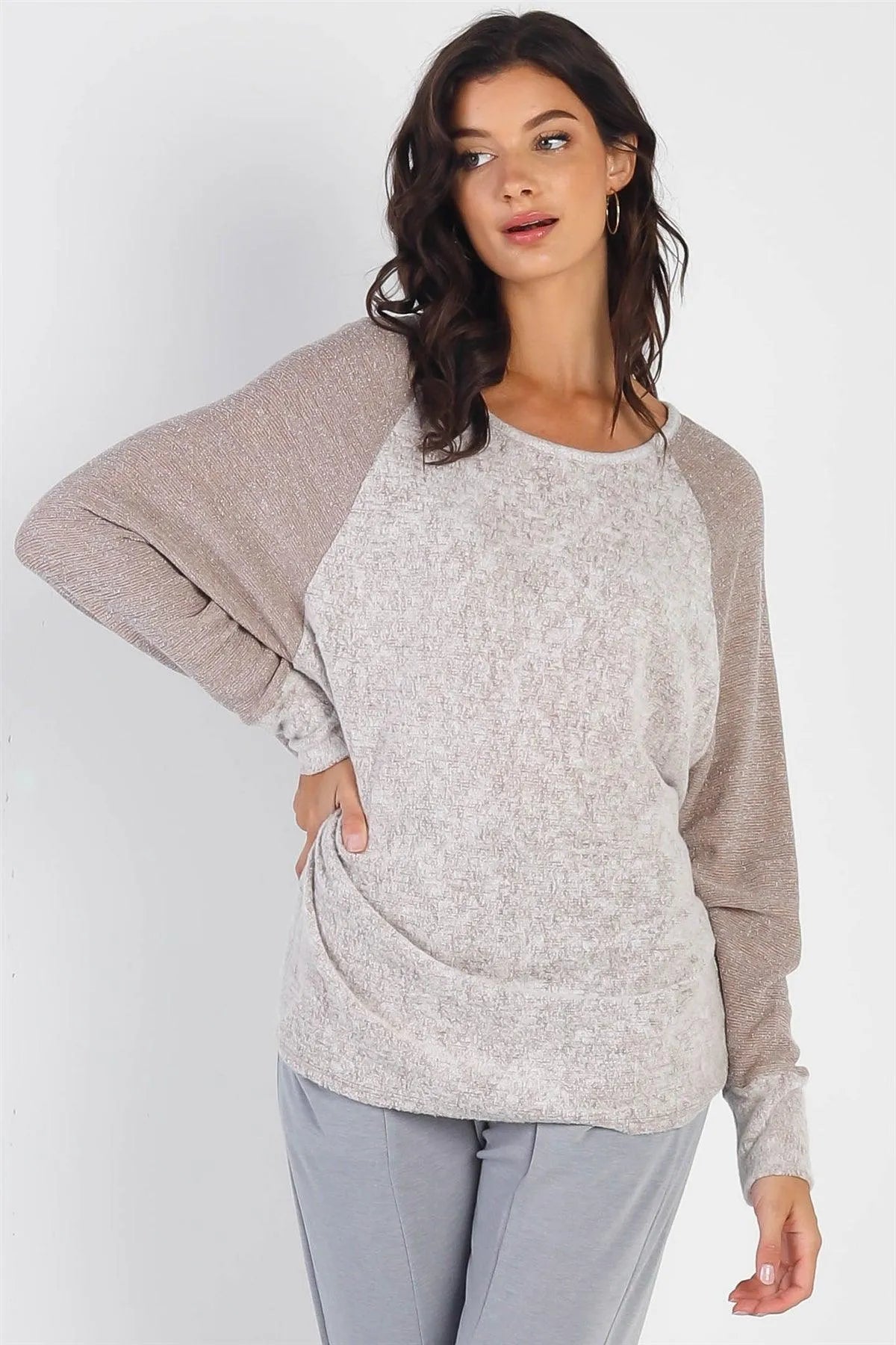 Taupe Round Neck Long Cuff Sleeve Top - Tasha Apparel Wholesale