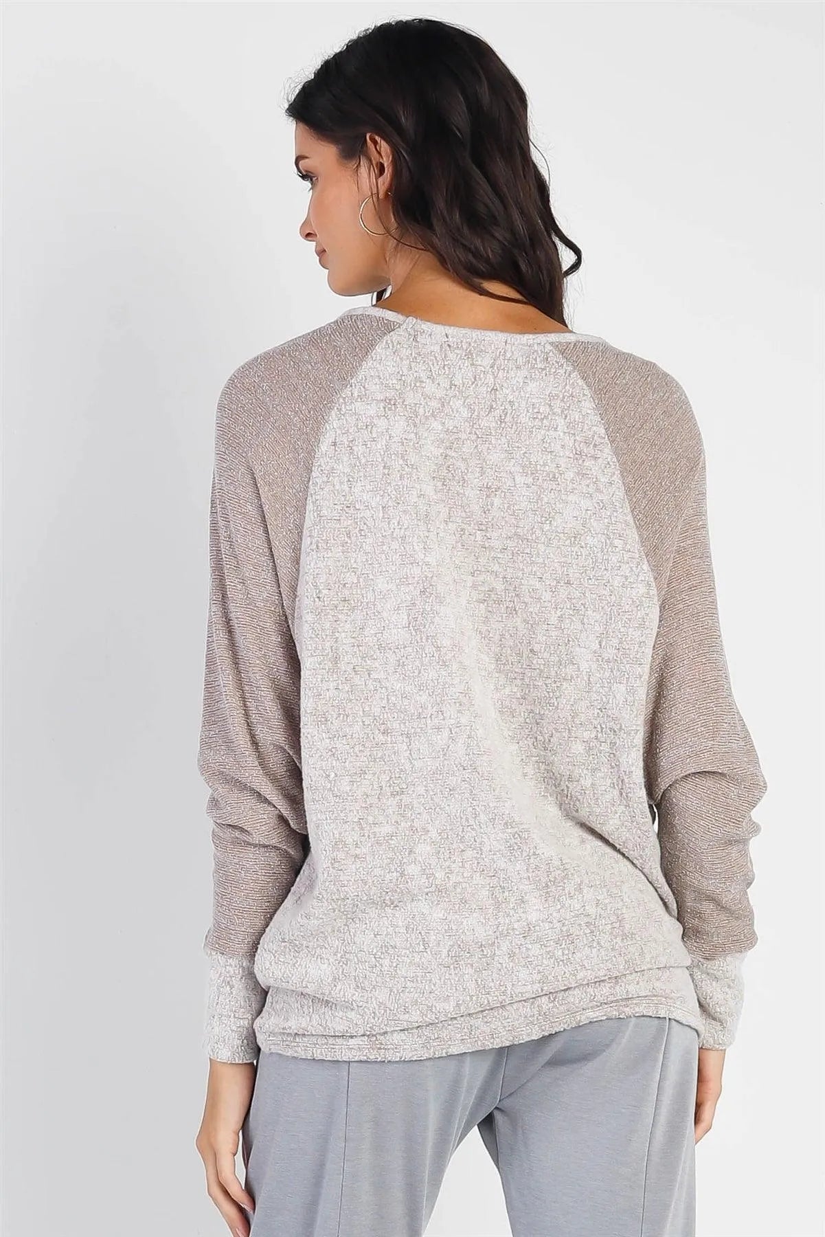 Taupe Round Neck Long Cuff Sleeve Top - Tasha Apparel Wholesale