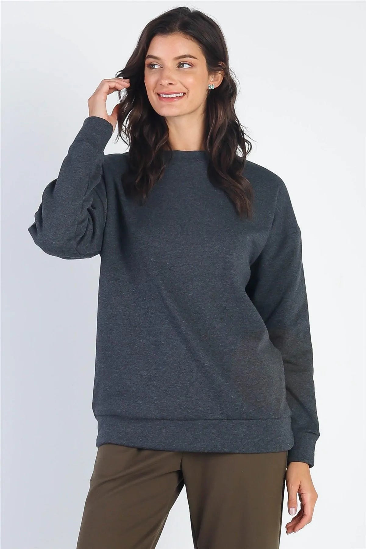 Charcoal Basic Long Sleeve Sweatshirt - Tasha Apparel Wholesale