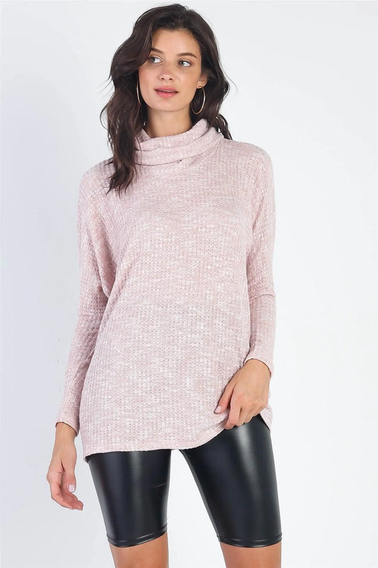 Mauve Waffle Knit Turtle Neck Long Sleeve Relaxed Sweater /1-1-1 - Tasha Apparel Wholesale