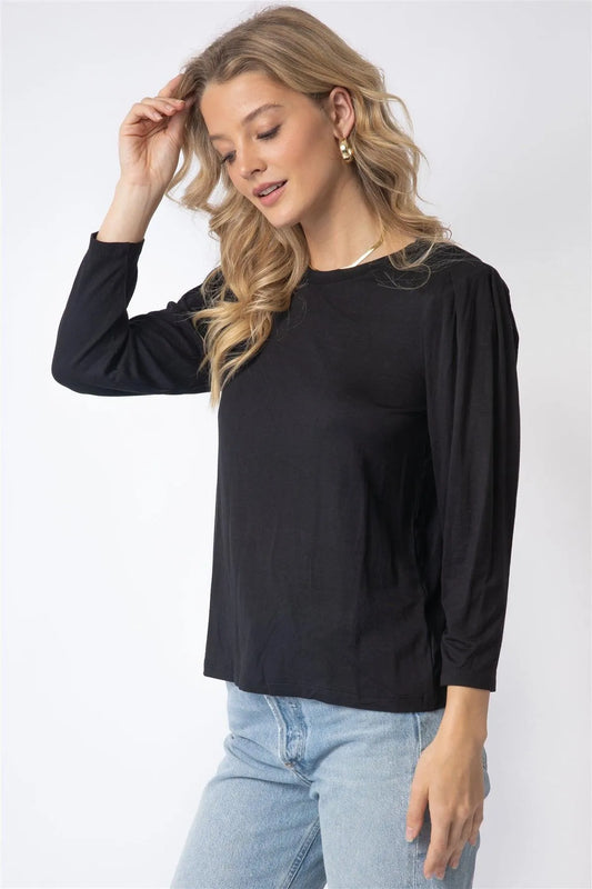 Black Shoulder Pad Puff Midi Sleeve Top - Tasha Apparel Wholesale