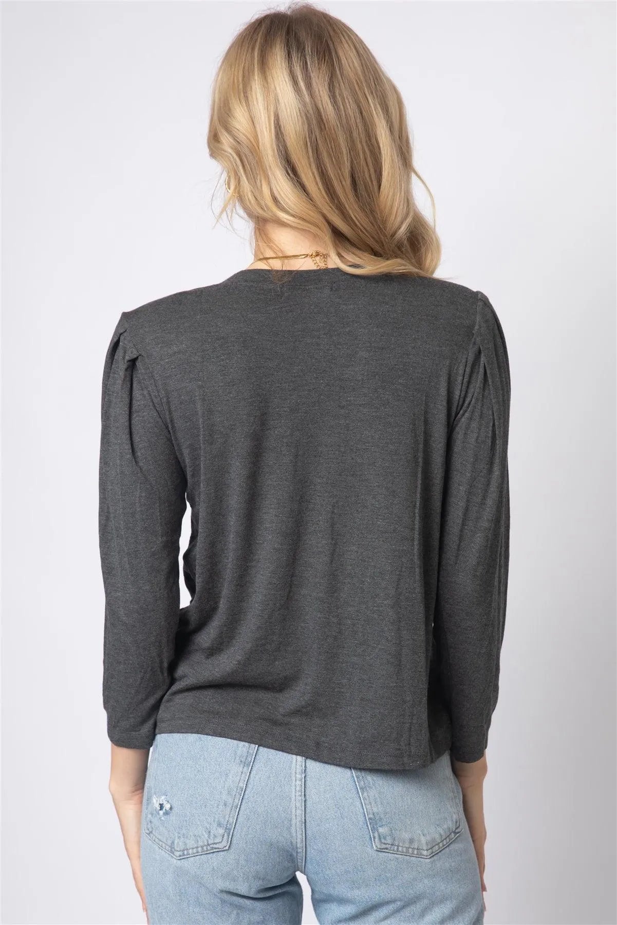 Charcoal Shoulder Pad Puff Midi Sleeve Top - Tasha Apparel Wholesale