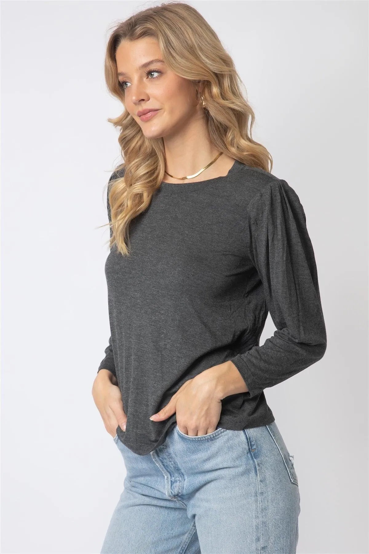 Charcoal Shoulder Pad Puff Midi Sleeve Top - Tasha Apparel Wholesale