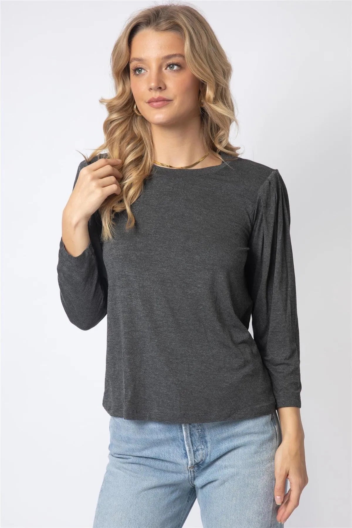 Charcoal Shoulder Pad Puff Midi Sleeve Top - Tasha Apparel Wholesale