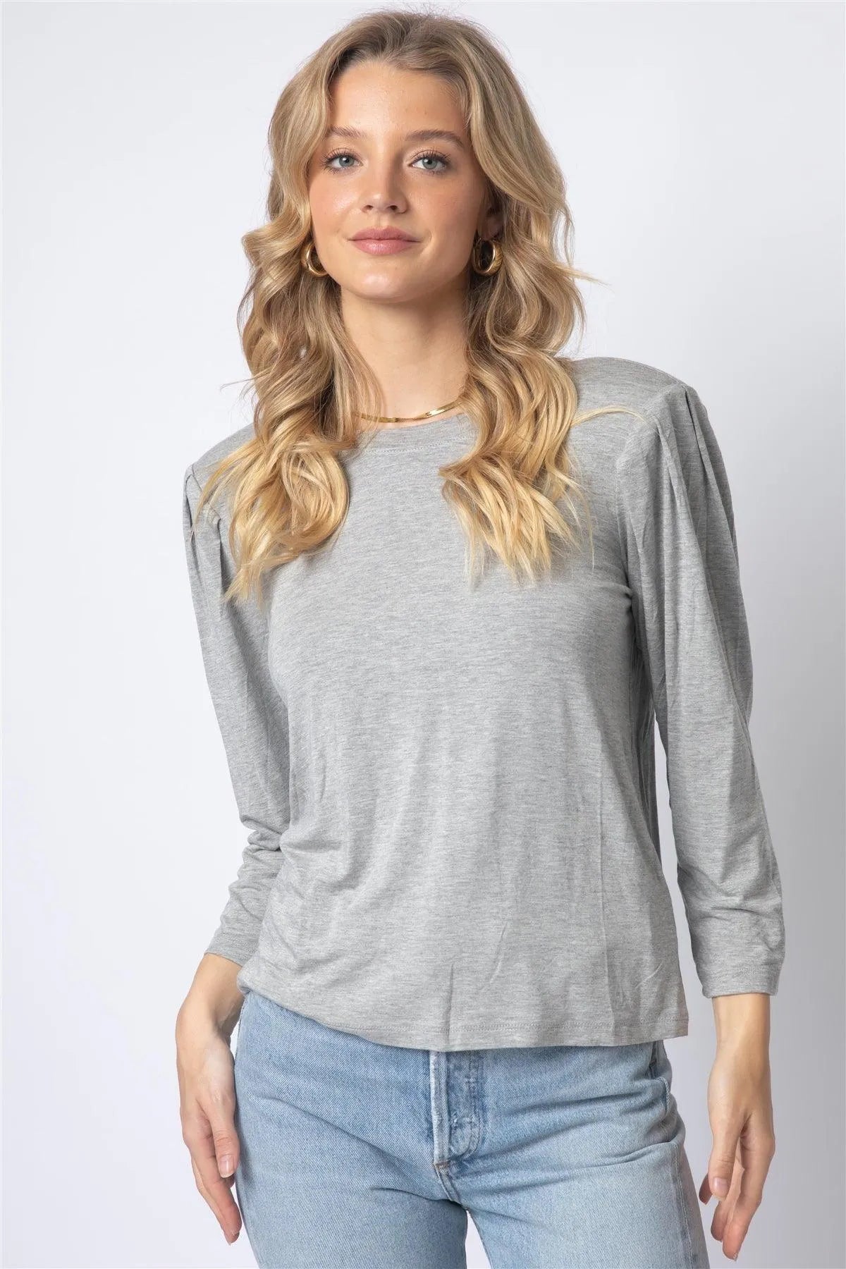 Heather Grey Shoulder Pad Puff Midi Sleeve Top - Tasha Apparel Wholesale