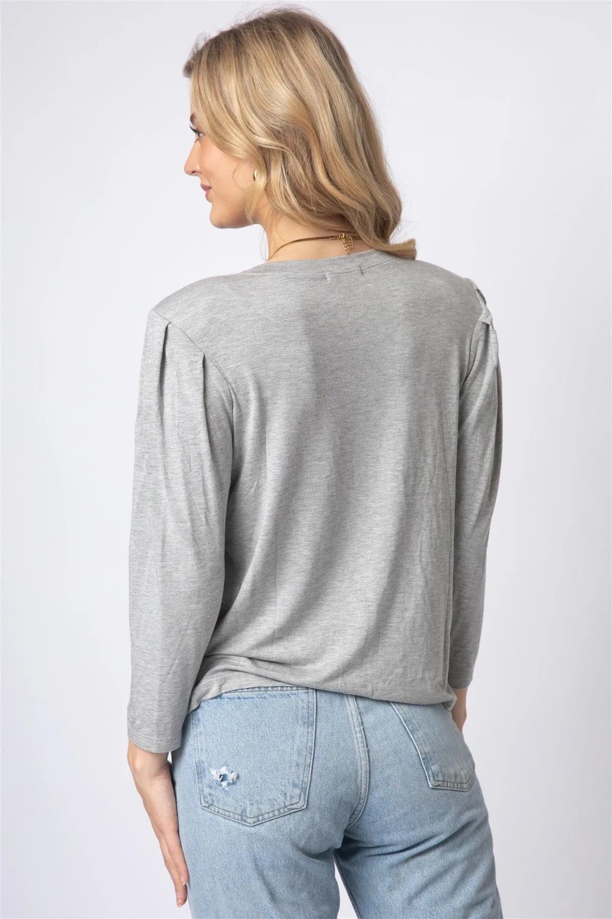 Heather Grey Shoulder Pad Puff Midi Sleeve Top - Tasha Apparel Wholesale
