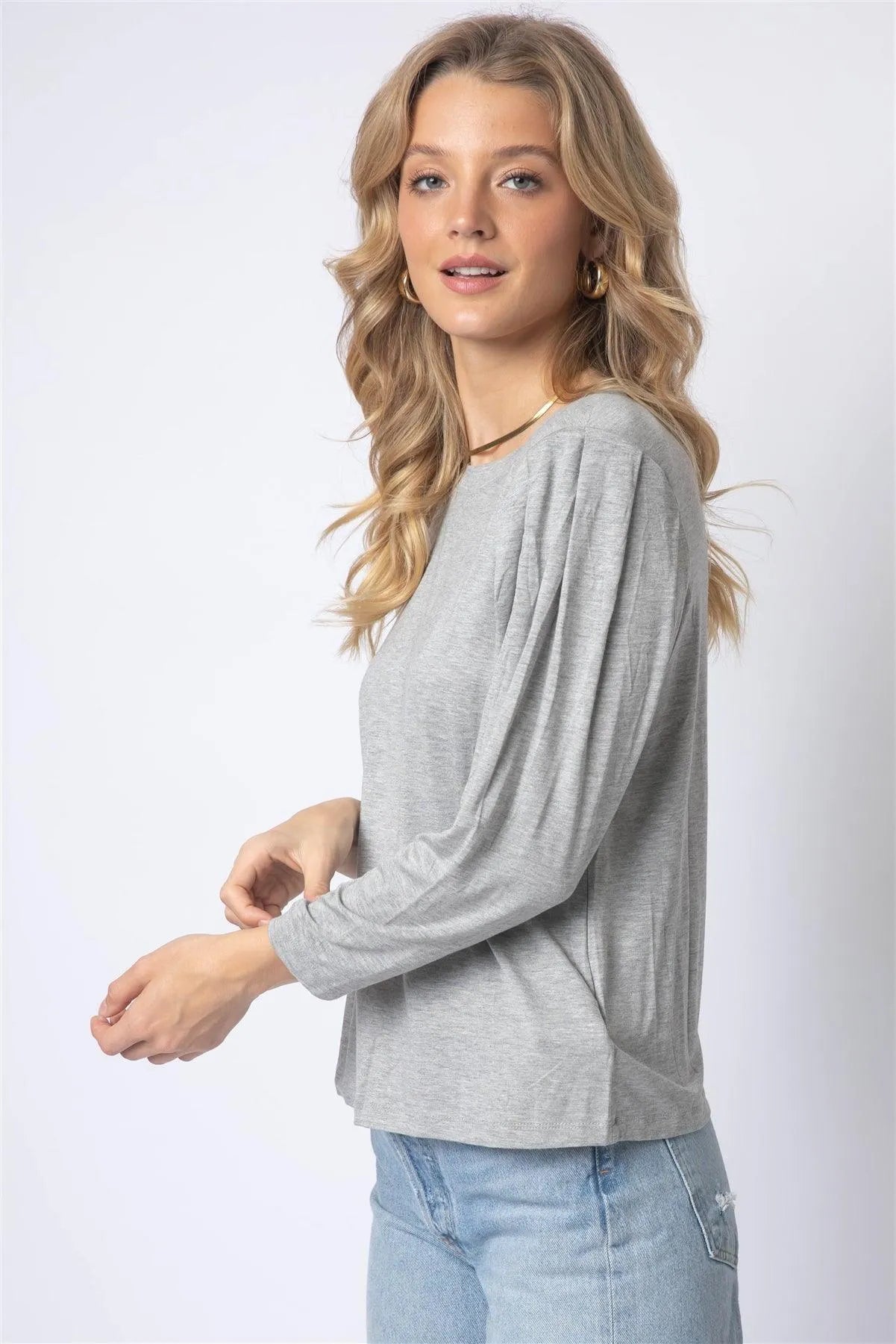 Heather Grey Shoulder Pad Puff Midi Sleeve Top - Tasha Apparel Wholesale