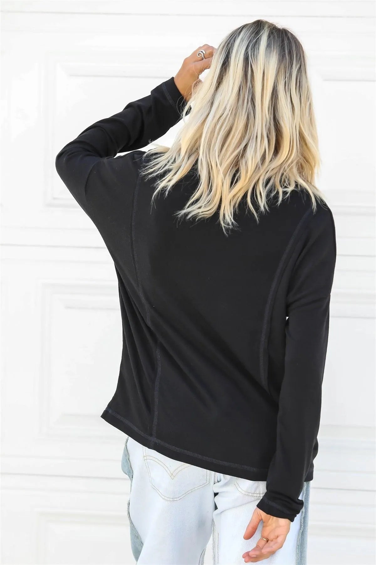 Black Button Up Detail Long Sleeve Top /1-1-1 - Tasha Apparel Wholesale