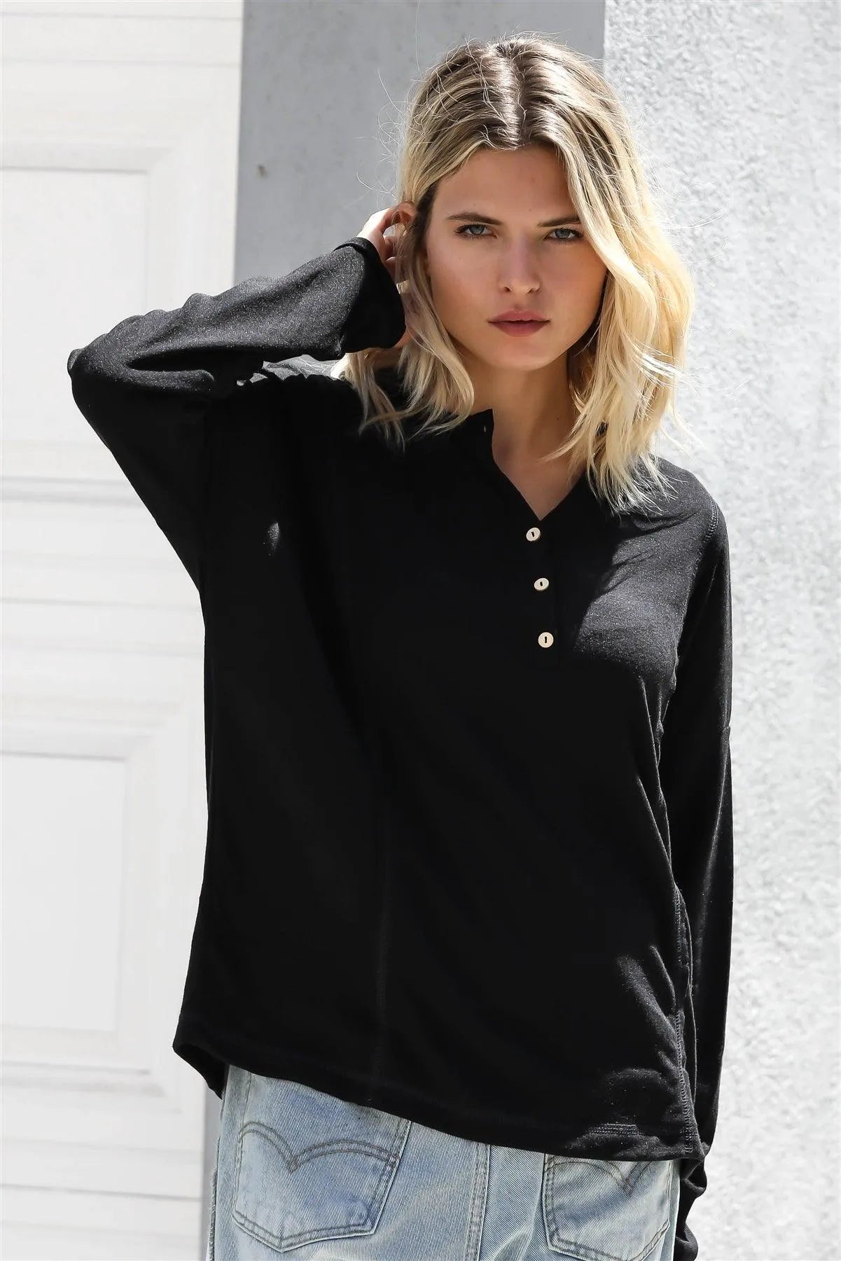Black Button Up Detail Long Sleeve Top /1-1-1 - Tasha Apparel Wholesale