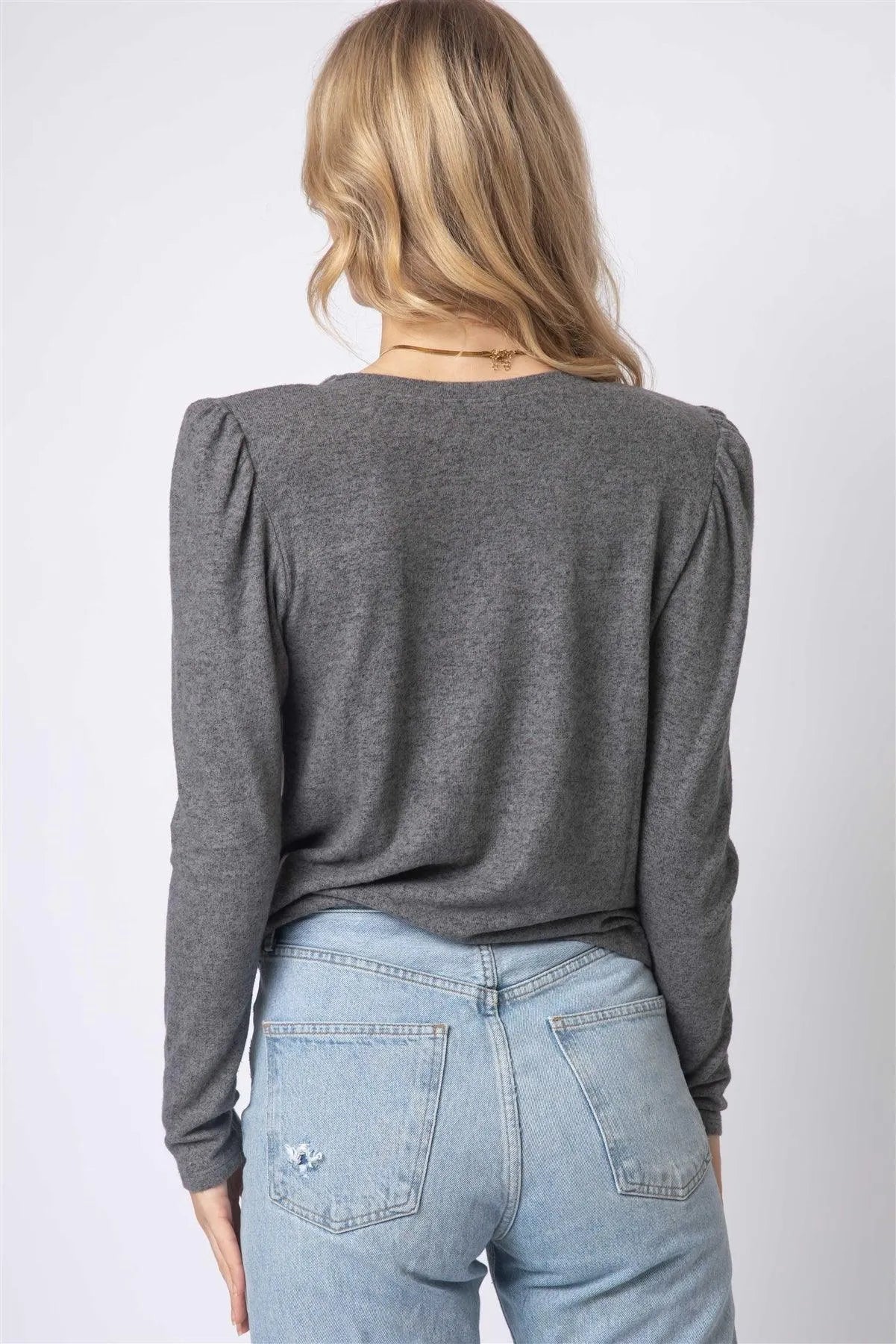 Charcoal Twisted Detail Shoulder Pad Long Sleeve Top - Tasha Apparel Wholesale