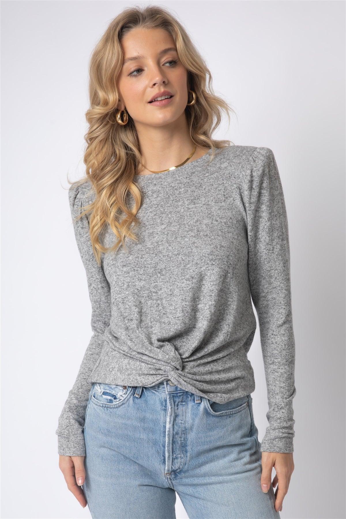 Heather Grey Twisted Detail Shoulder Pad Long Sleeve Top /1-1-1