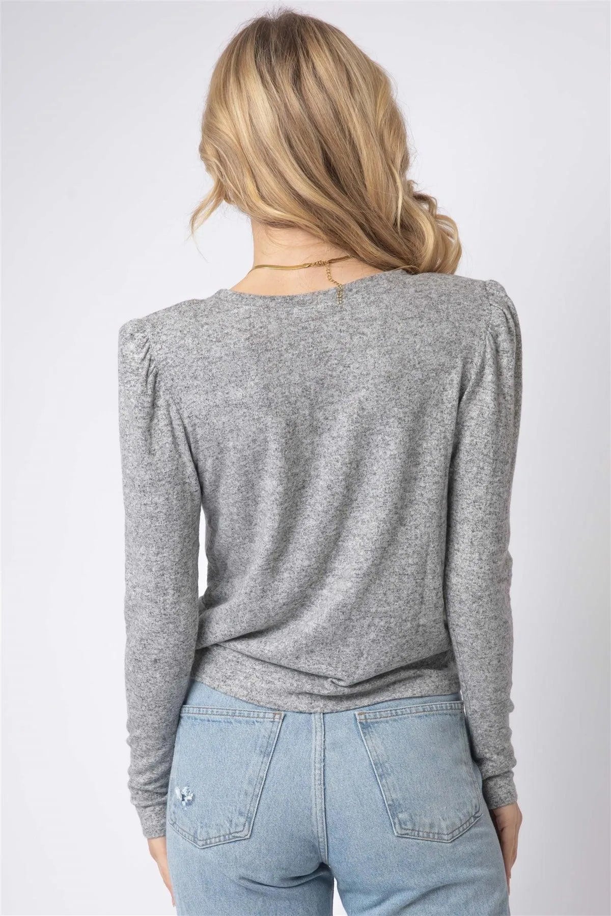 Heather Grey Twisted Detail Shoulder Pad Long Sleeve Top /1-1-1 - Tasha Apparel Wholesale