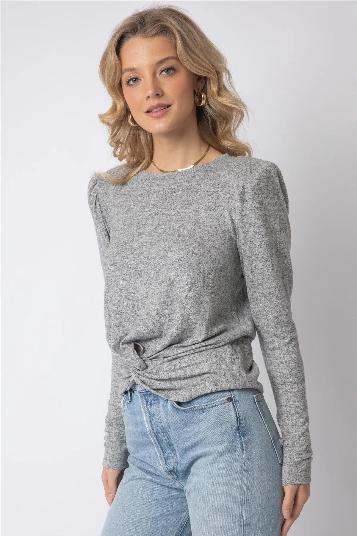 Heather Grey Twisted Detail Shoulder Pad Long Sleeve Top /1-1-1 - Tasha Apparel Wholesale