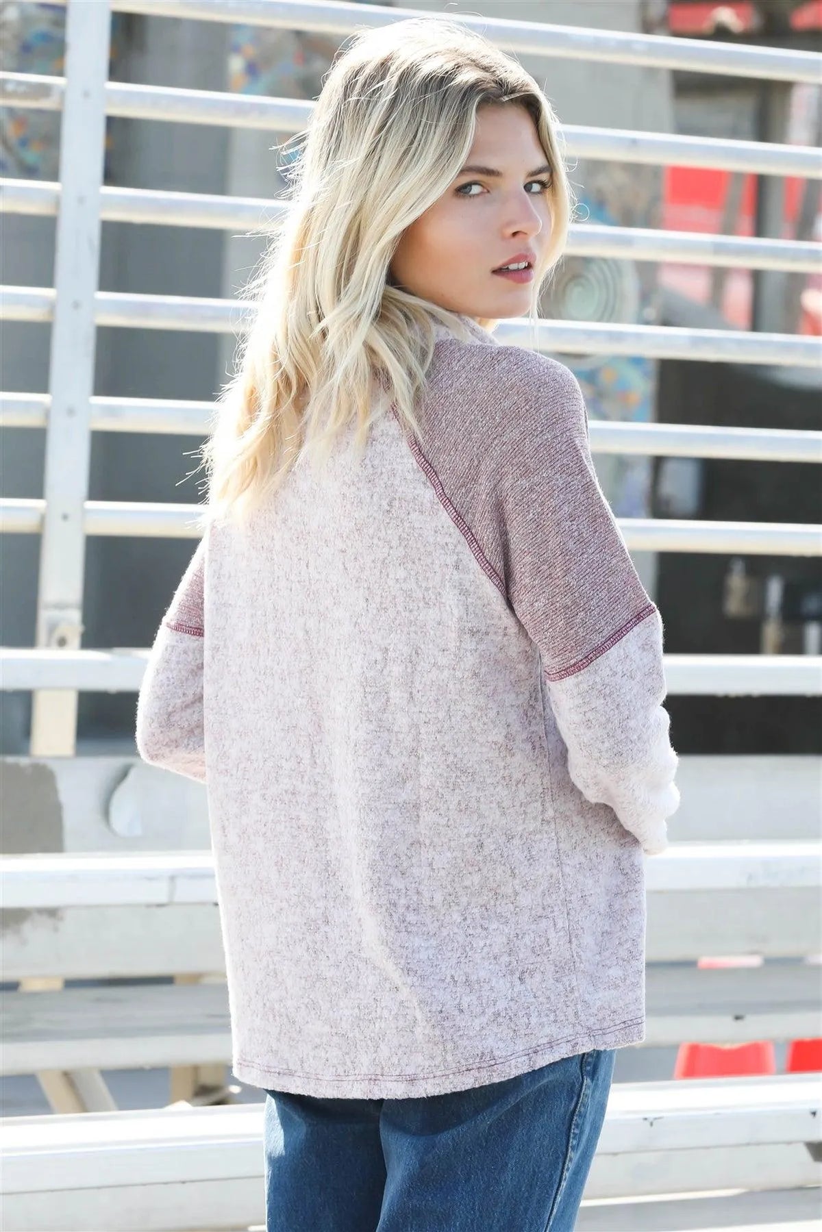 Burgundy Textured Self-Tie Mock Neck Sweatshirt - Tasha Apparel Wholesale